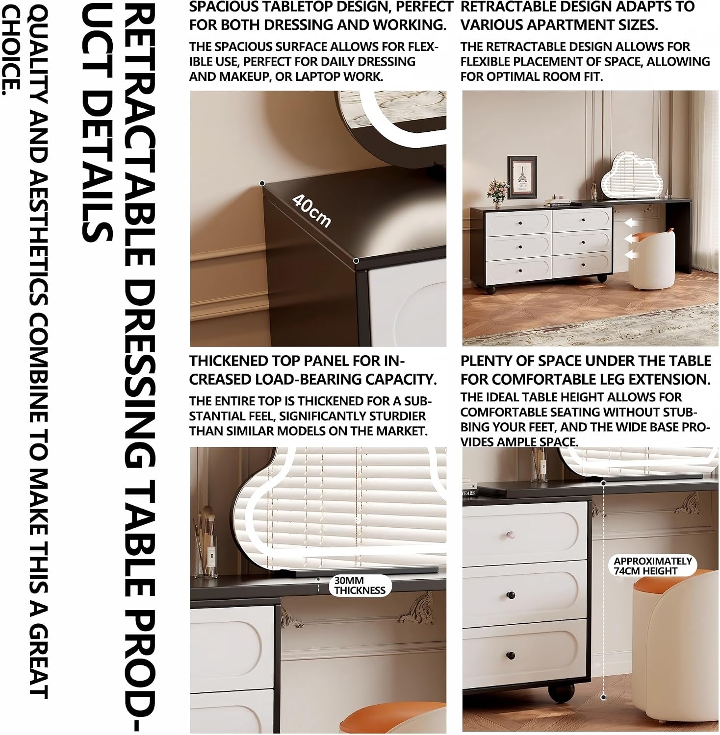 Vanity Desk Table with 3 Color Lighted Cloud-Shaped Smart Makeup Mirror, Corner Dresser Wide Tabletop with Retractable Design, Drawers Chest Installed Left or Right(White,W/o CHR,47.2in)