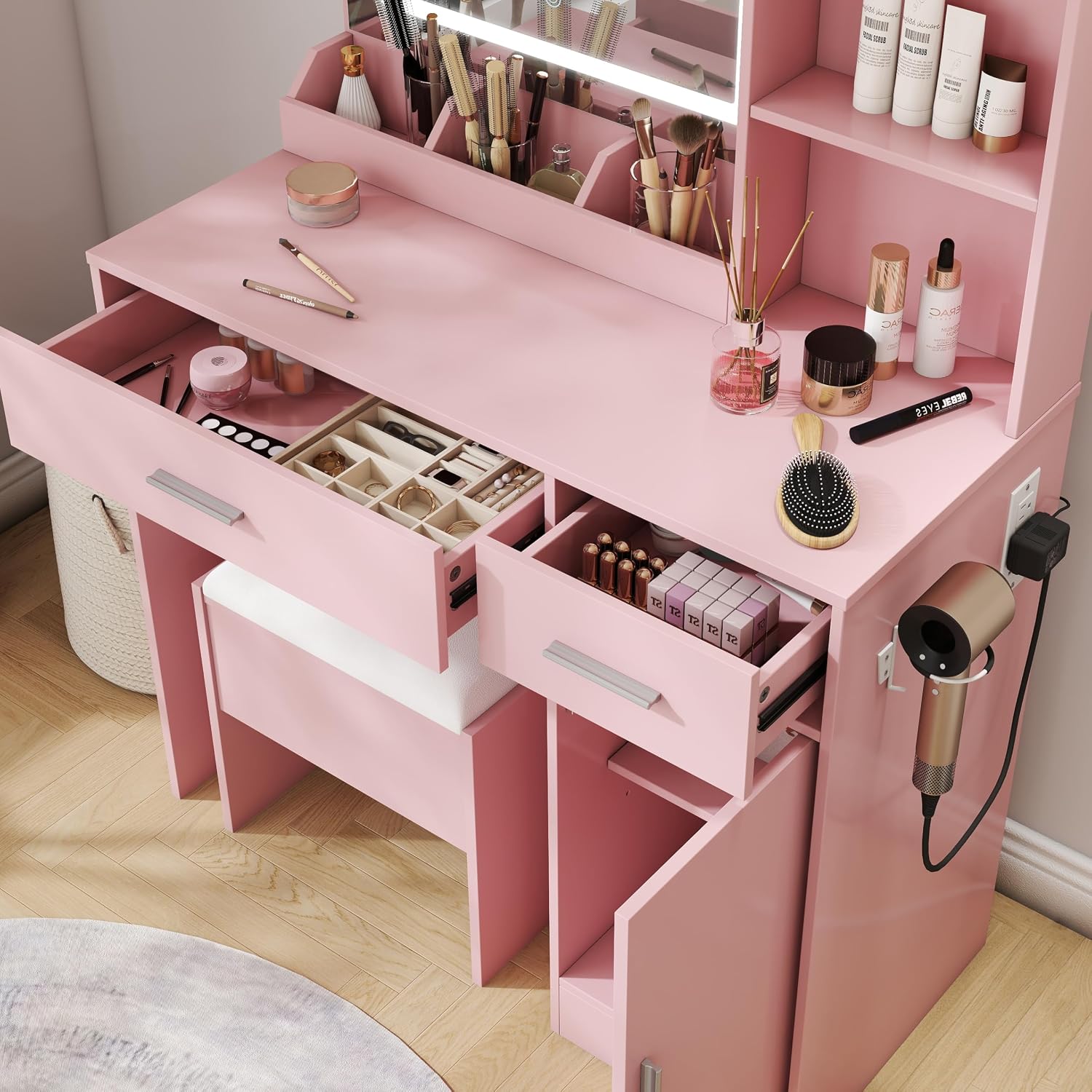 Roundhill Furniture Lavin Makeup Vanity Set, Vanity Desk with Stool, LED Light Mirror and Charging Station, Pink