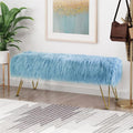 Blue Soft Plush Faux Fur Ottoman Entryway Bench Furry Footrest Stool 46'x16'x17' Sturdy Accent Long Bench for Bedroom End of Bed Vanity Closet Fuzzy Coffee Table for Living Room with Gold Legs