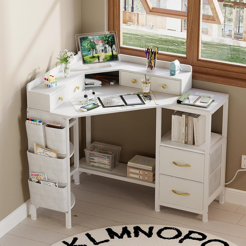 Espelism Corner Vanity Desk with Charging Station, 49.6' Makeup Table with Fabric Drawers & Side Pocket, Space-Saving Dressing Table for Small Space Bedroom Dorm(White)