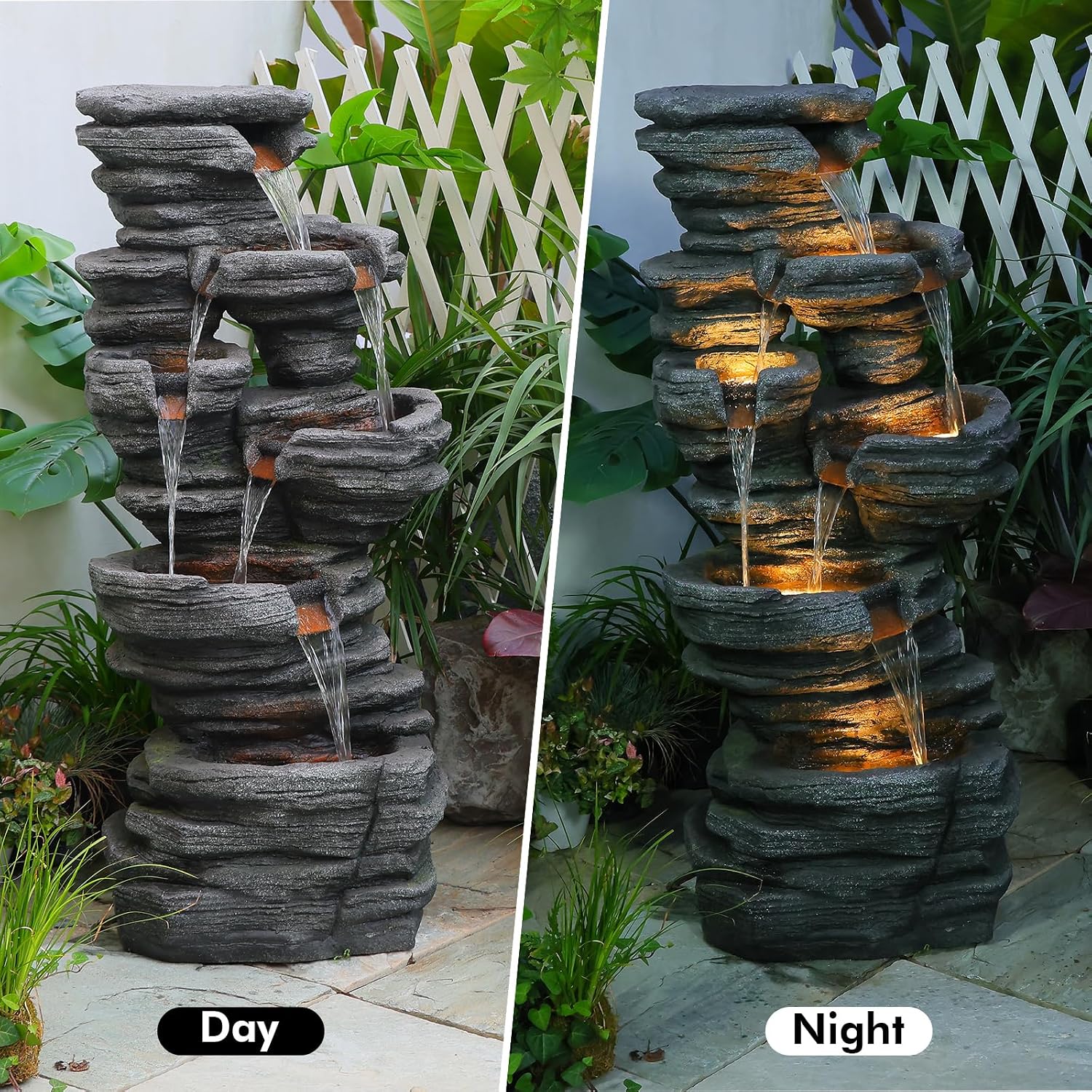 Bumilgar 42.5' H Garden Outdoor Water Fountain with LED Lights & Pump, Mutiply-Tier Cascading Outdoor Fountain for Garden,Patio,Porch,Backyard,Home Art Decor