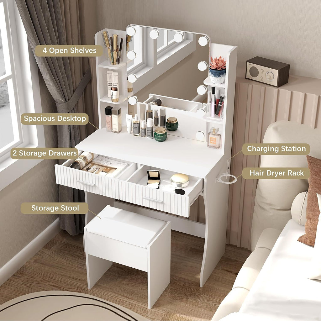 Small Vanity Desk with Mirror and Lights, Makeup Vanity Desk with 3 Color Modes Adjustable Bulb, 2 Large Drawers and 4 Open Storage Shelves, White Vanity with Charging Station for Bedroom