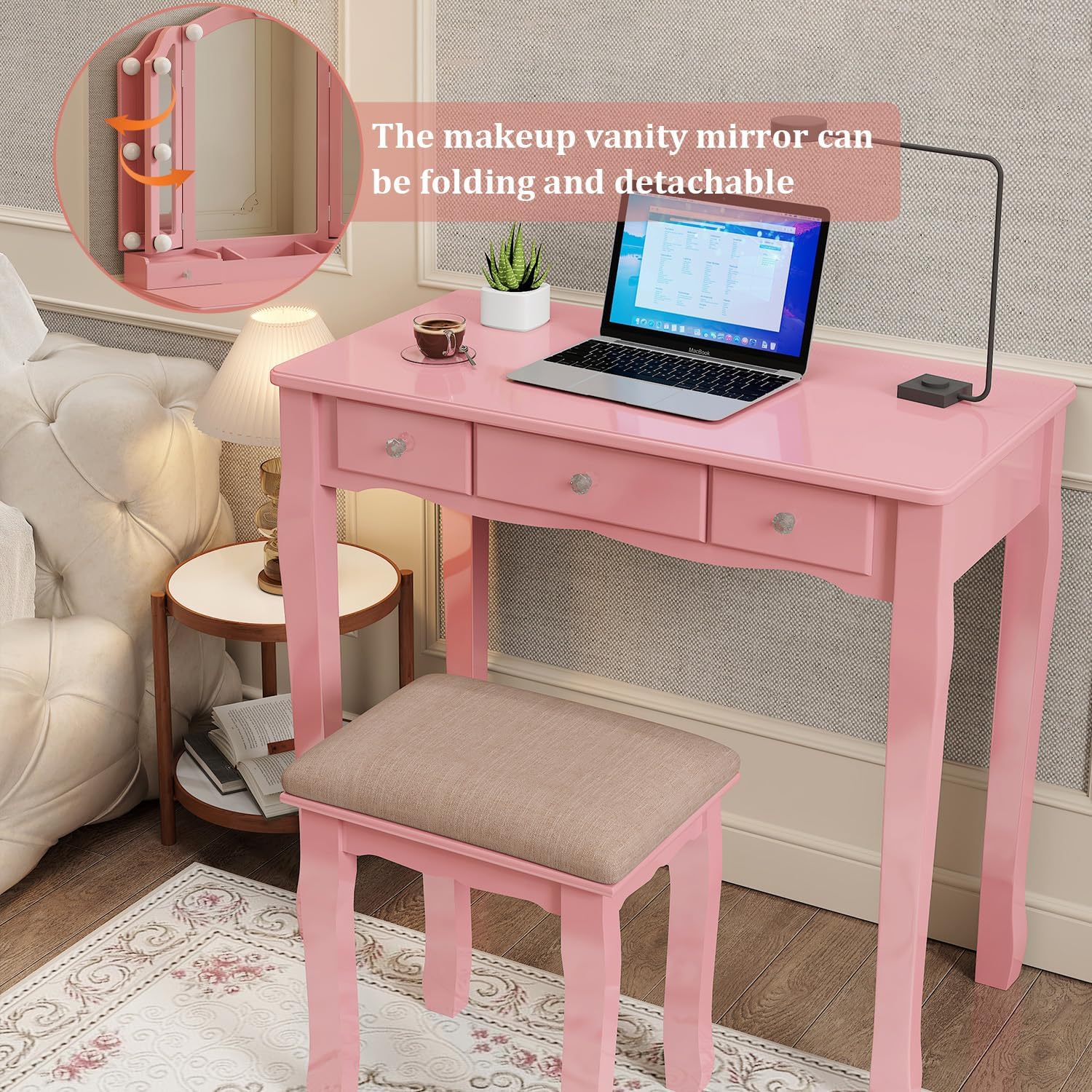 YIXHQ Vanity with Lights Girls Vanity Desk Set with Drawers Makeup Vanity Desk with Mirror and Lights Make Up Pink Makeup Vanity for Girls Table with Stool