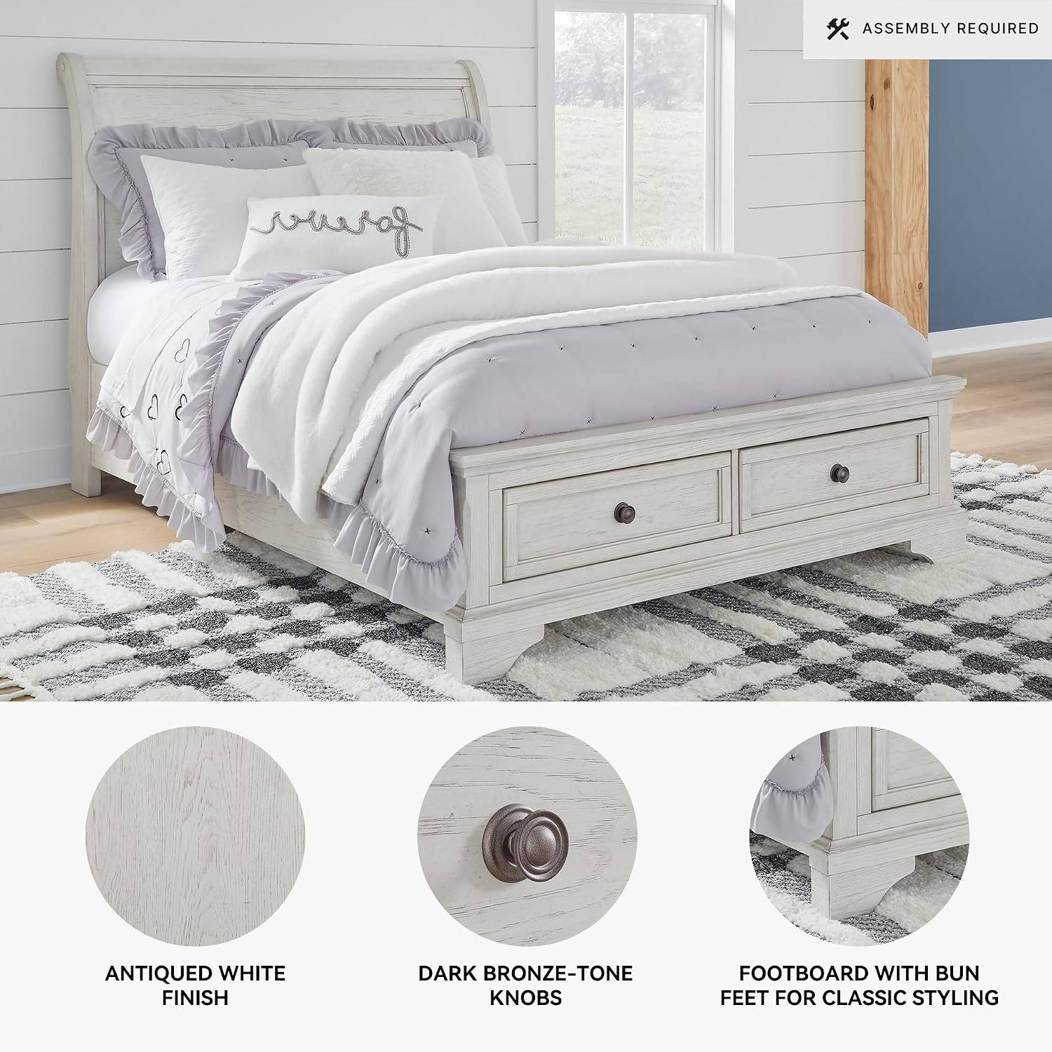 Signature Design by Ashley Robbinsdale Casual Full Sleigh Storage Platform Bed with 2 Drawers, Foundation or Box Spring Not Needed, White