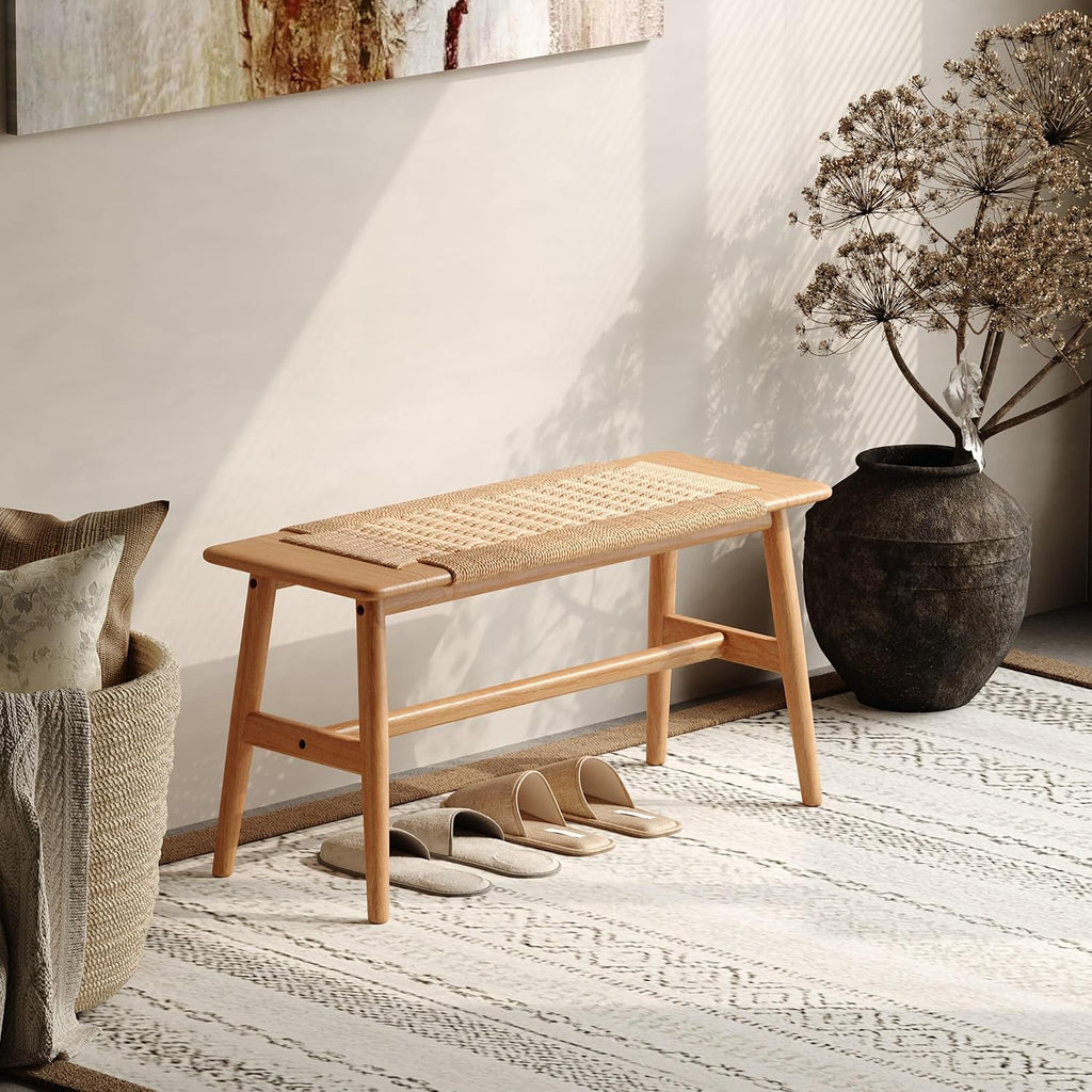 100% Solid Oak Wood Dining Bench, Hand Woven Dining Bench with Trapezoid Leg, Boho Otoman Footrest for Living Room Kitchen Entryway