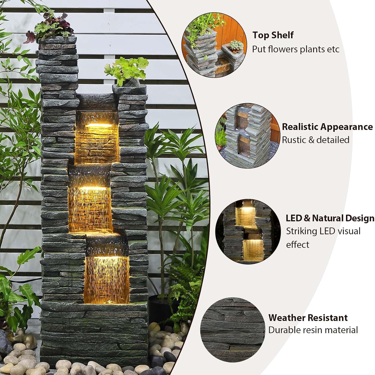 Bumilgar 47' H Garden Water Fountain Outdoor with LED Lights & Pump, 3-Tier Cascading Outdoor Fountain for Garden,Patio,Porch,Backyard,Home Art Decor (Gray)