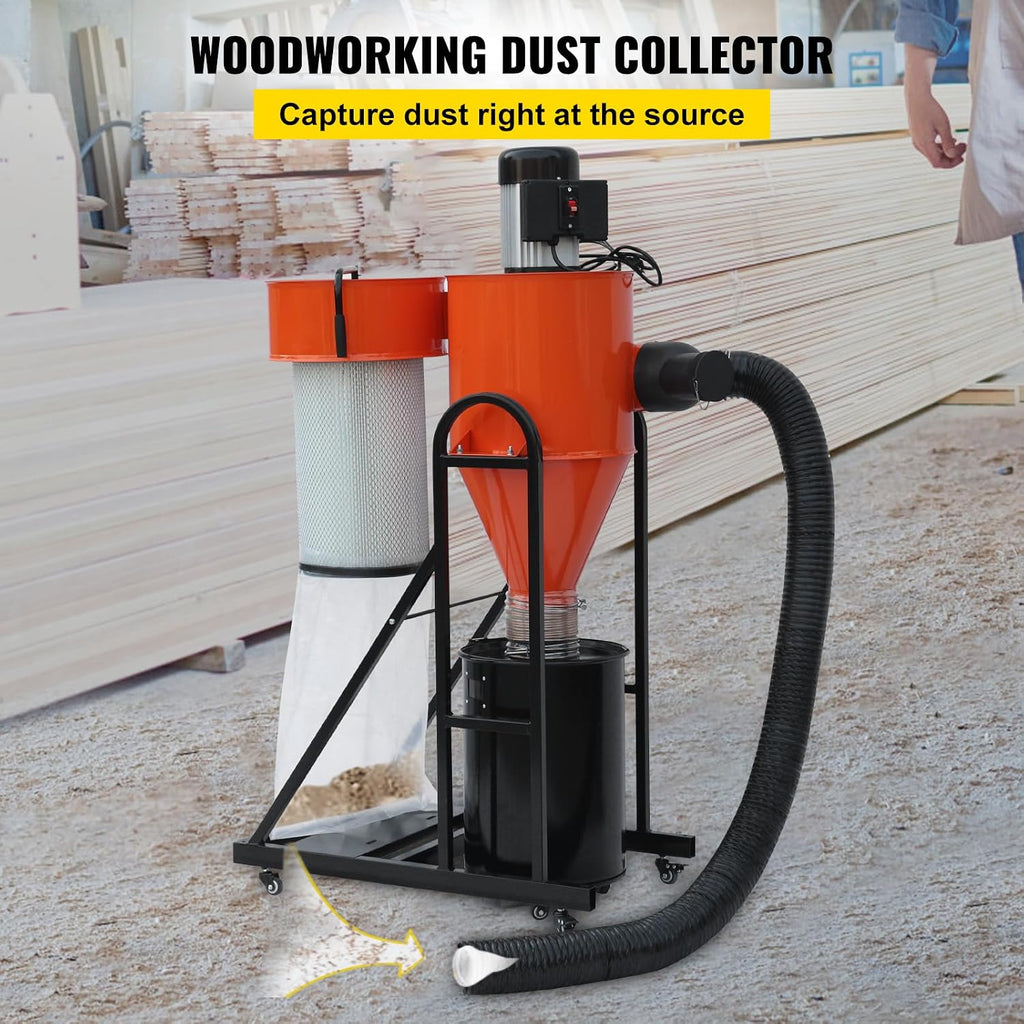VEVOR 2 HP Dust Collector, 1167 CFM, Portable Vortex Dust Collector, with 39 Gallon Collection Bag and Mobile Base, 120V, 3400 RPM, 3μm Canister Filter Kit, for Woodworking Dust Collection System