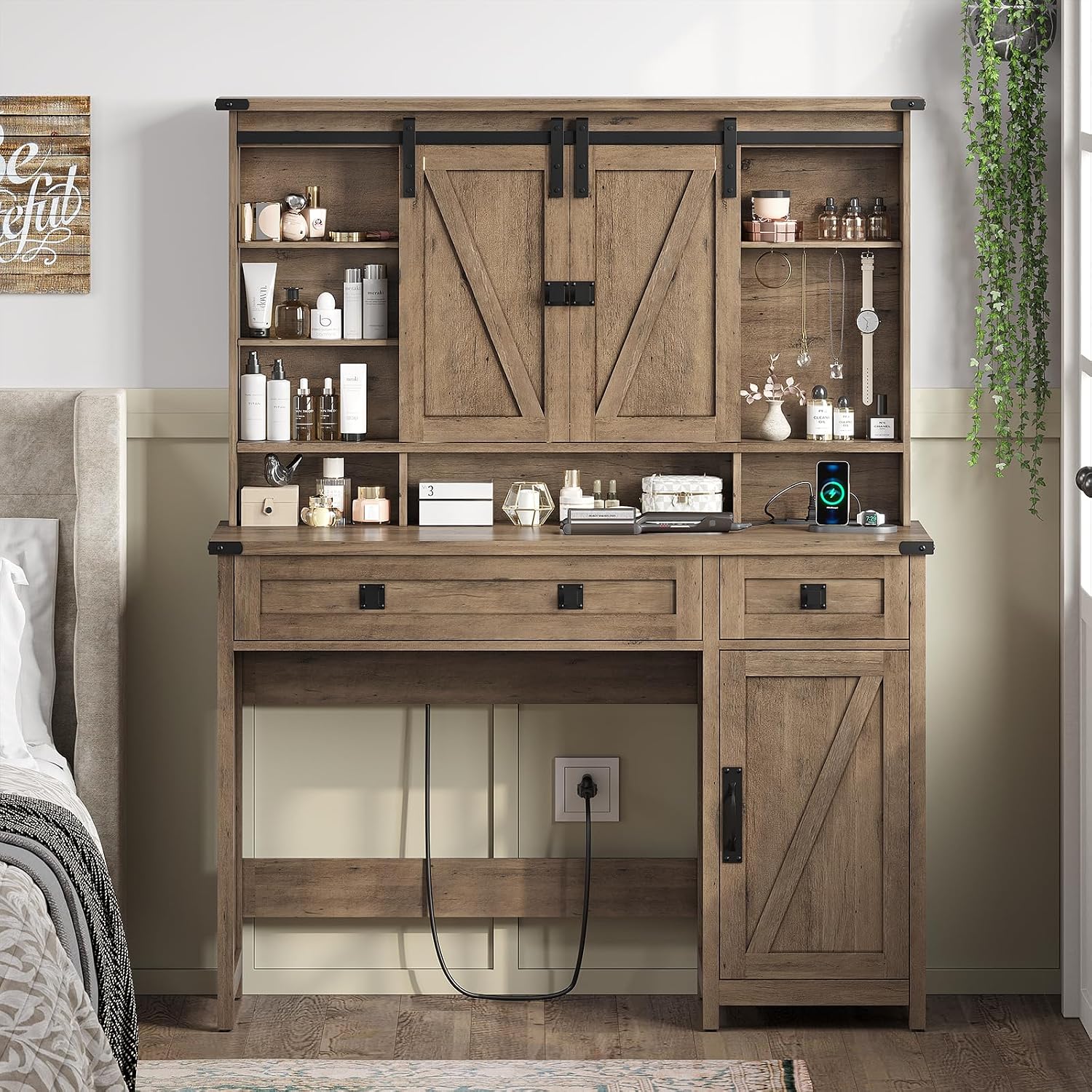 AOGLLATI Makeup Vanity with Lights & Barn Doors, Vanity Desk with Mirror and Lights & Charging Station, Farmhouse Brown Vanity Table with Jewelry Hooks and Open Storage Shelves
