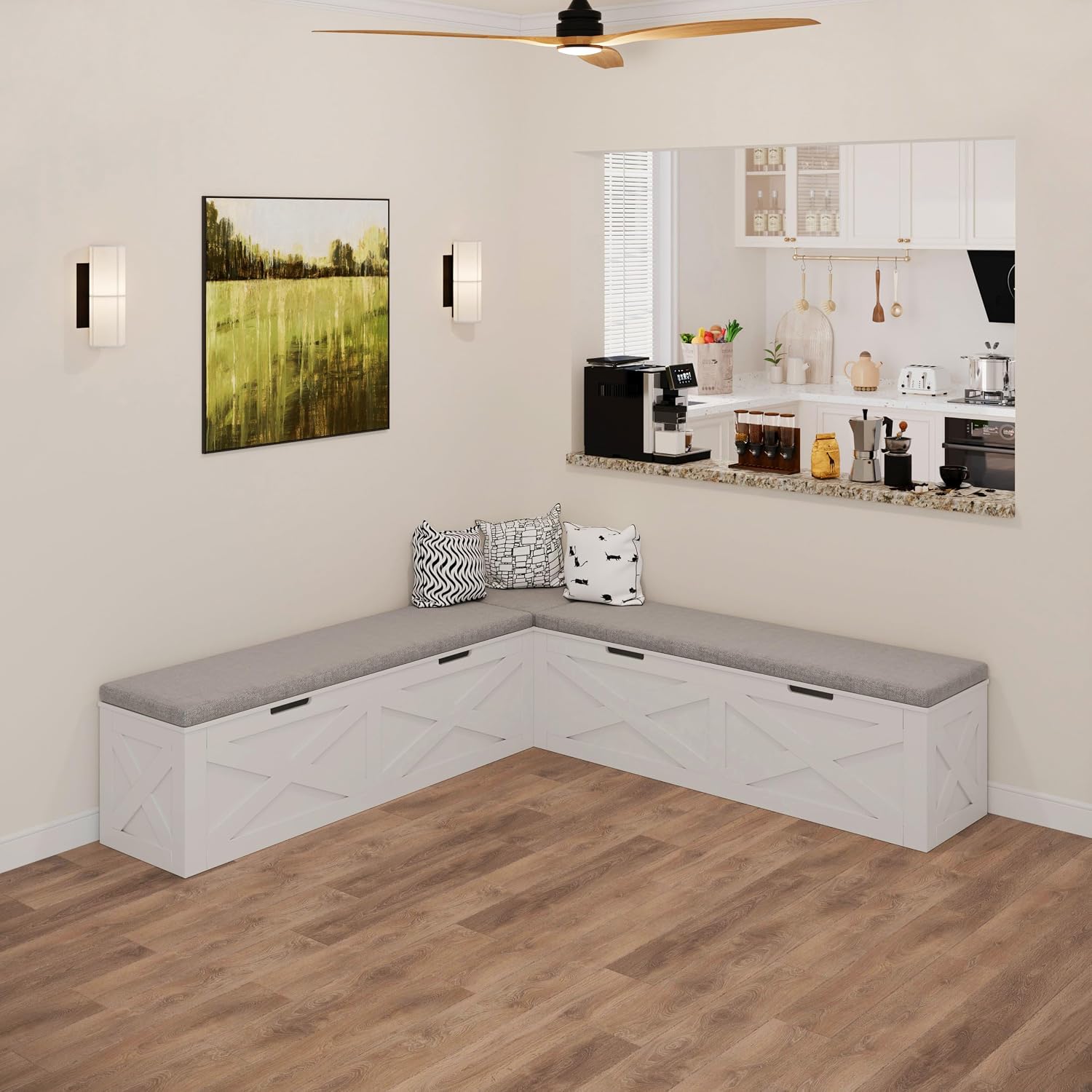 Breakfast Nook Bench,L-Shaped Corner Stool with Cushion,Dining Bench with Storage Suitable for Dining Room, Cafes, Living Room,Handle-Less White