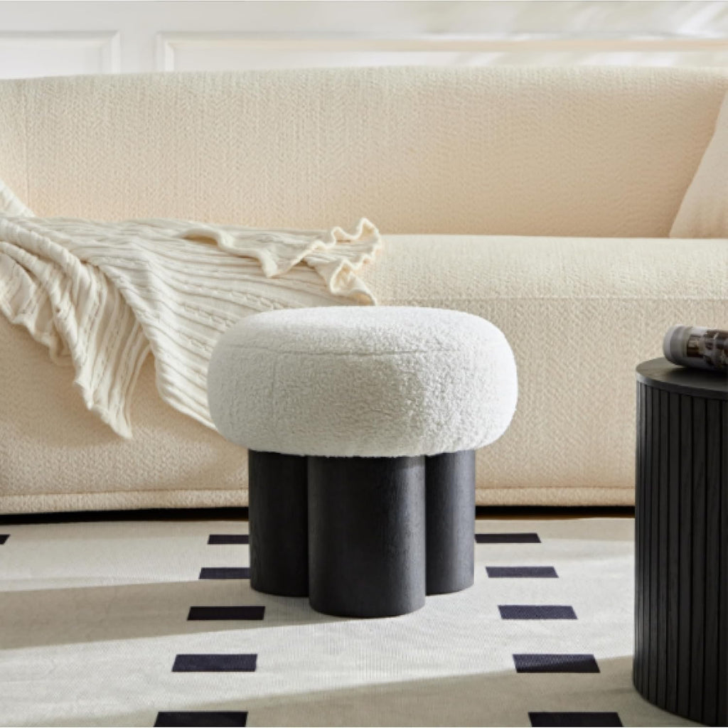 Mushroom Ottoman Stool with Teddy Fabric Round Seat, Three-Leg Wood Grain Base, Plush Foot Rest for Entryway Living Room Bedroom Vanity Makeup Corner Accent Seating Side Table Modern (Black)