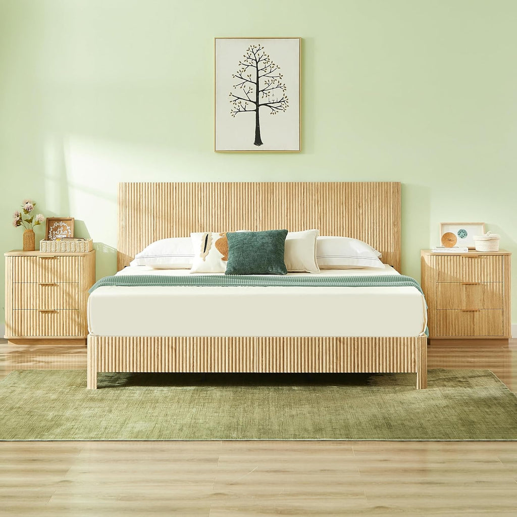 King Size Wood Bed Frame with Headboard, Modern Retro Oak Platform Beds Frames, Mid Century Rustic Wooden Bedroom Floor-BedFrame, No Box Spring Needed, Easy Assembly (Oak, King, Metal Base)