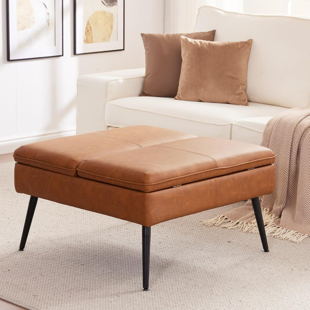 Square Ottoman with Storage, Large Oversized Ottoman Coffee Table, Double Flipping Lid & Mid-Century Modern & Faux Leather Style, Loads 660 lb, for Living Room, Bedroom, Entryway, Cognac Brown
