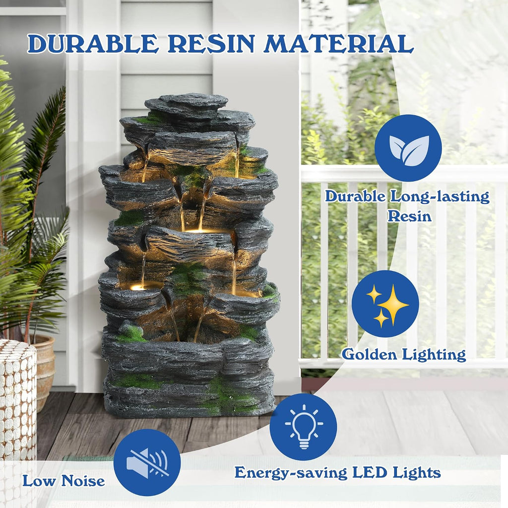 Cascading Rock Water Fountain Outdoor - Waterfalls Fountains with LED Lights, Outdoor/Indoor Resin Fountain for Patio, Garden, Backyard, Deck, Porch, Home Art Docor (24' H)