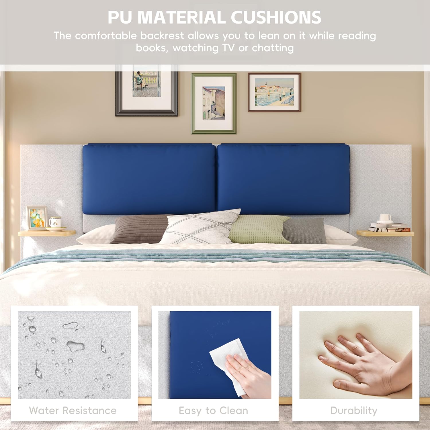 Grey Bed Frame with Soft Upholstered Storage Tall Headboard, King Size Floor Platform Bed Frames, Anti-Collision Curved Footboard Bedroom Sets,No Box Spring Needed (Blue+Grey, King)