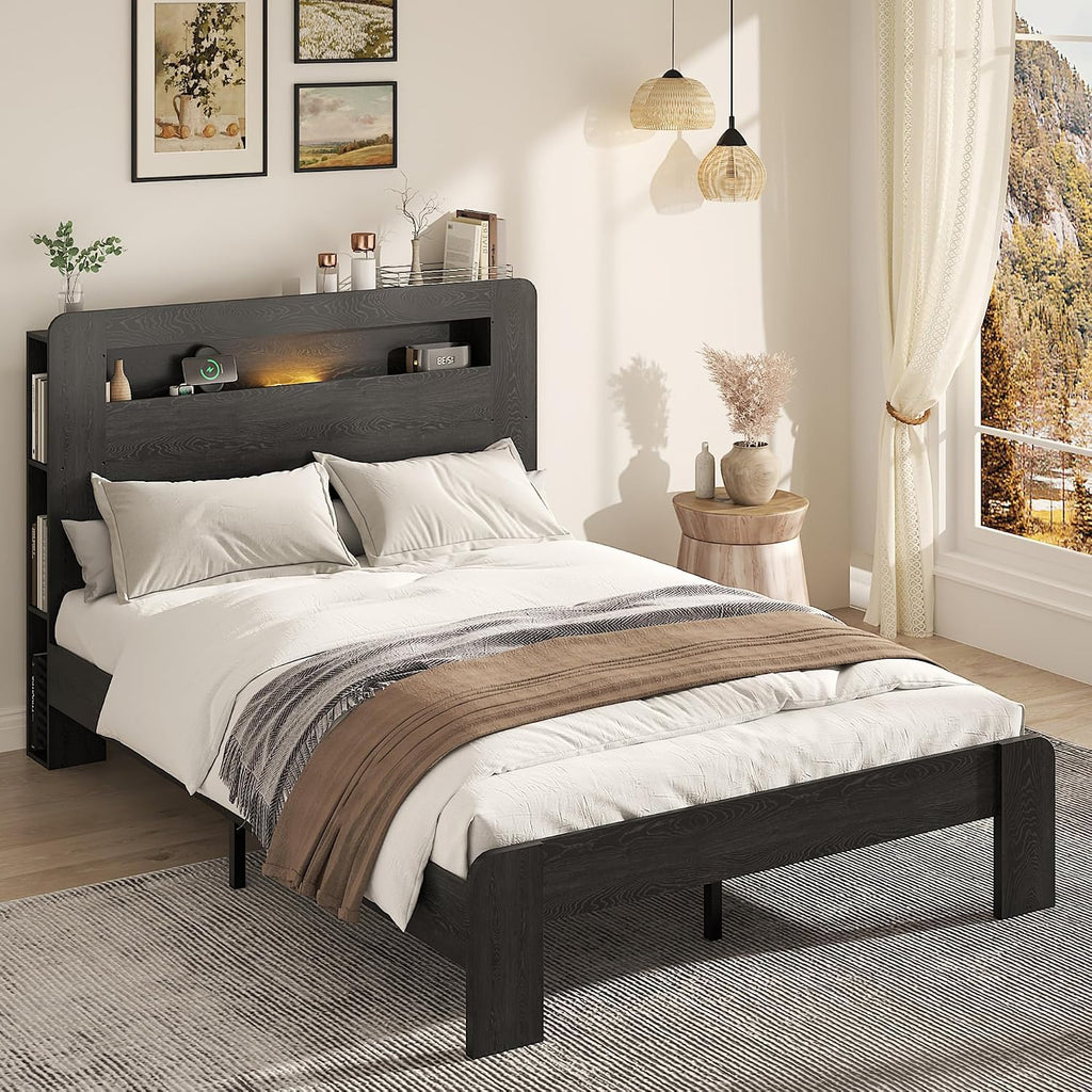 Wooden Bed Frame Full Size with Storage Headboard - Farmhouse Platform Bed Frame with Bookcase Shelf & Led Lights, Sturdy Wood Slat Framework Bed Frame (Black LED)