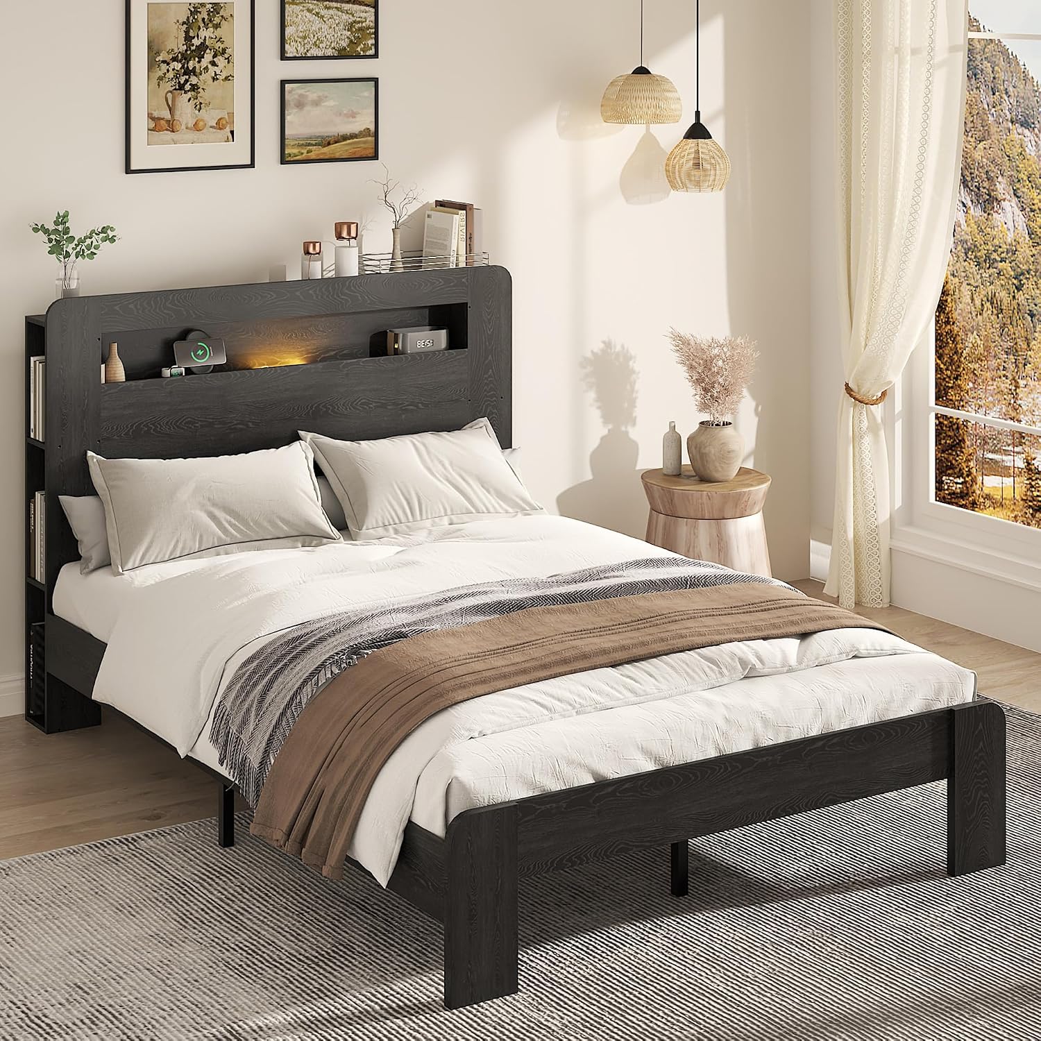Wooden Bed Frame Full Size with Storage Headboard - Farmhouse Platform Bed Frame with Bookcase Shelf & Led Lights, Sturdy Wood Slat Framework Bed Frame (Black LED)