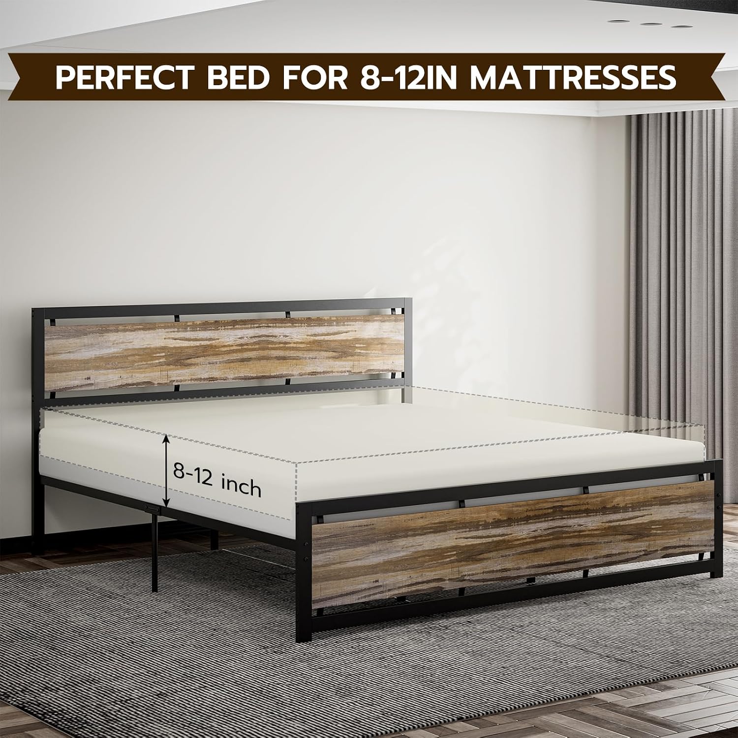 IKIFLY California King Size Metal Bed Frame/Industrial Cal King Platform Bed with Wooden Headboard Footboard/Heavy Duty Steel Slats Support/No Box Spring Needed（Cal King, Light Brown）