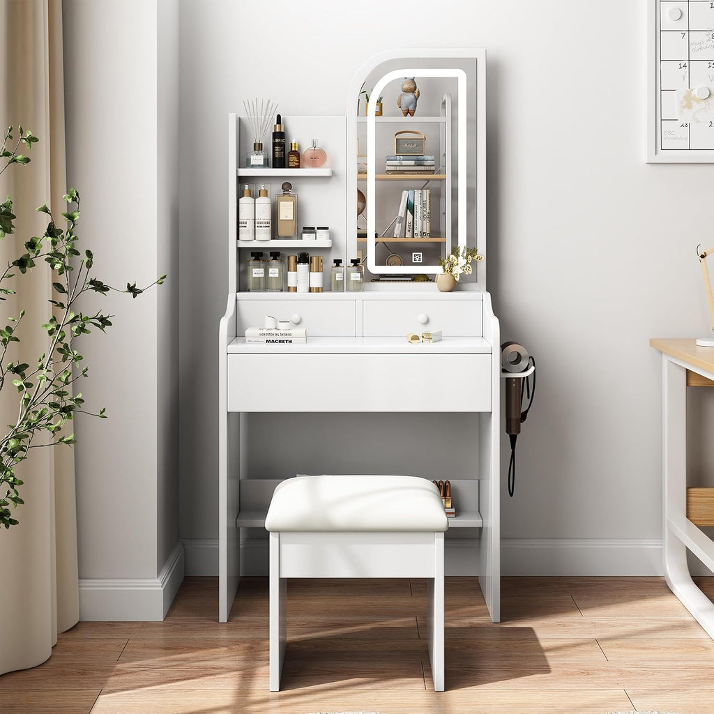 Small Makeup Vanity Desk with Mirror and Lights, Vanity Table Set with Storage Drawer, 3 Lighting Colors, Dressing Table for Bedroom, White