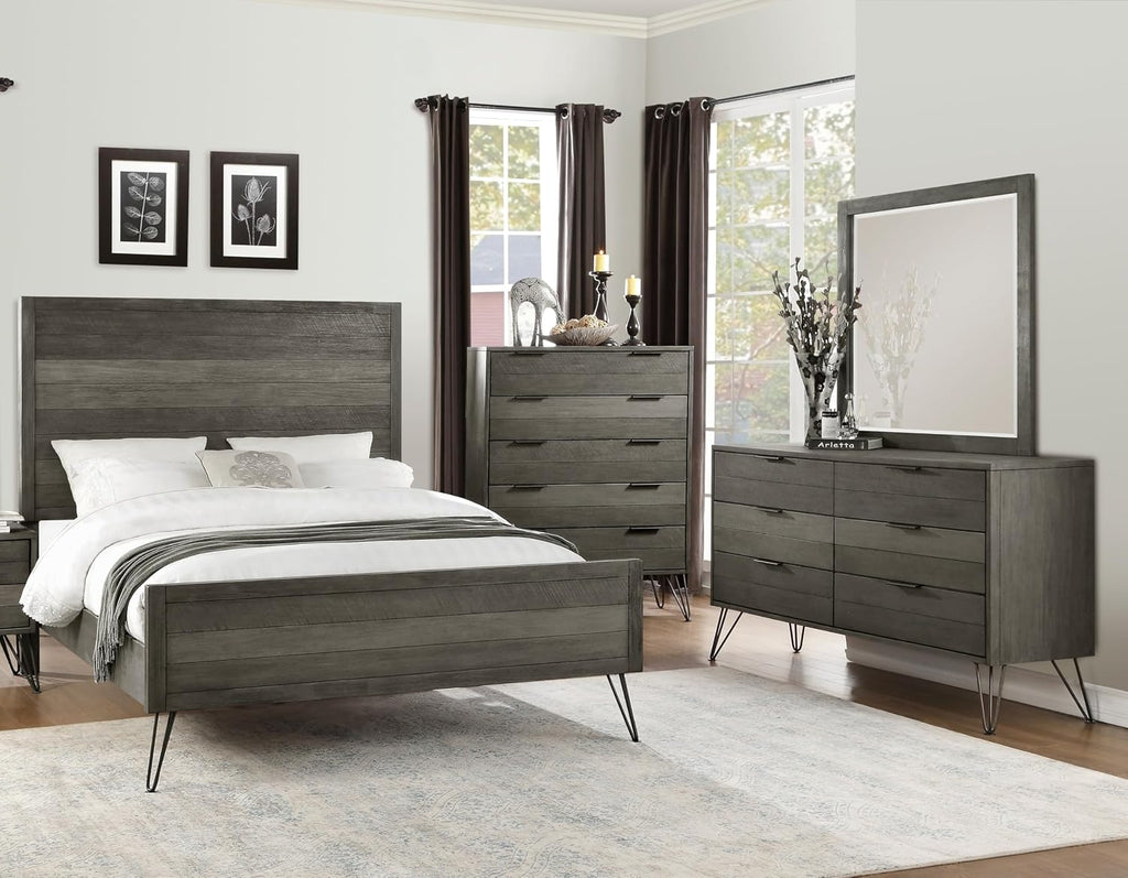 4-Pieces Bed Set Contemporary Style California King Size Panel Bed Multi Gray Finish Solid Acacia Wood Bedroom Furniture