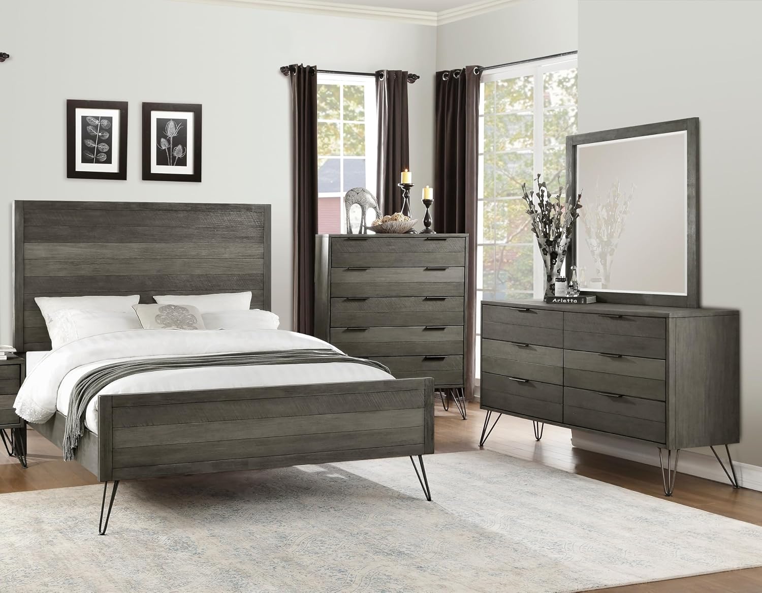 4-Pieces Bed Set Contemporary Style California King Size Panel Bed Multi Gray Finish Solid Acacia Wood Bedroom Furniture