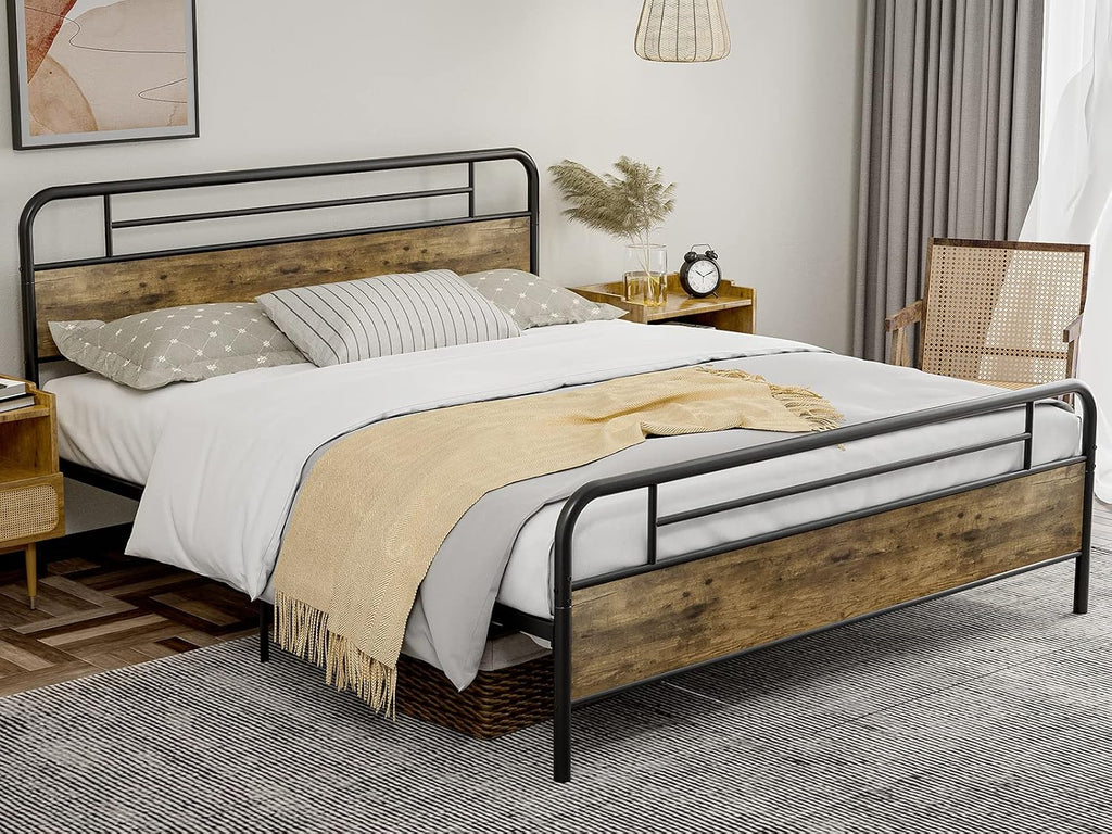 IKIFLY California King Bed Frames with Wood Headboard Footboard, Farmhouse Metal Cal King Platform Bed, Heavy Duty Steel Slats, 12' Under Bed Storage, Noise Free, No Box Spring Needed - Rustic Brown