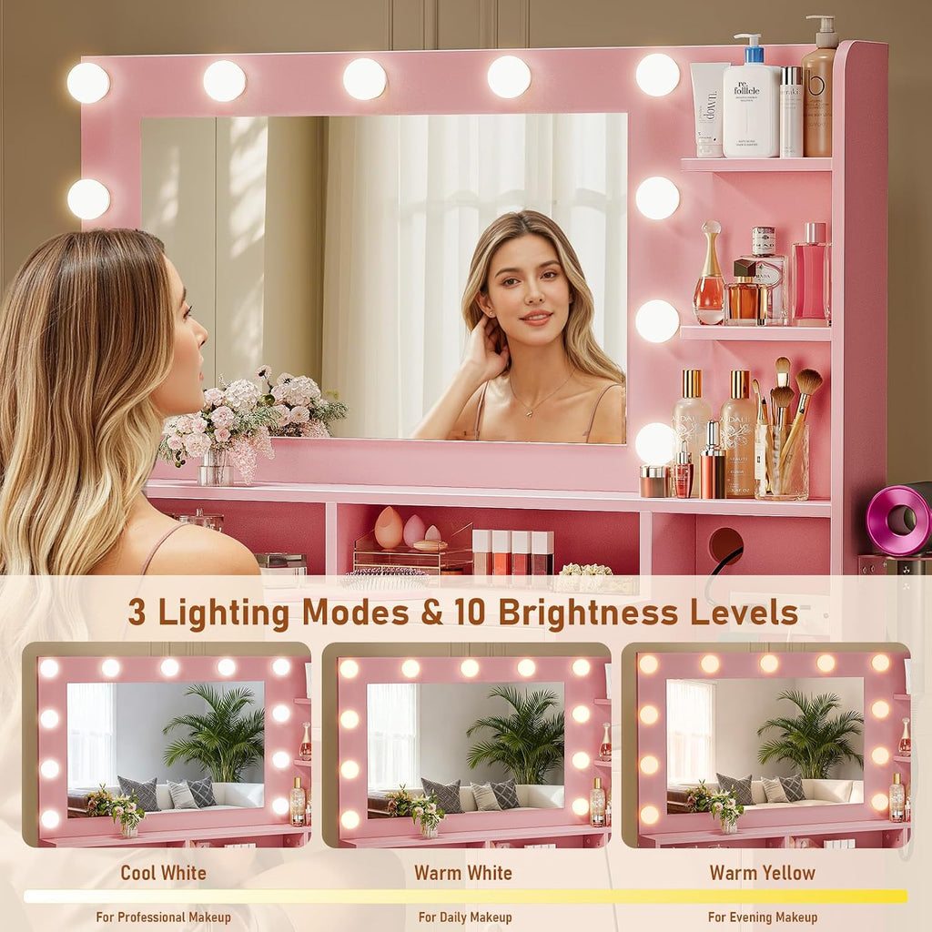 Driftalia Vanity Desk with Mirror and Lights, Makeup Vanity with Storage Drawer, Power Outlet and Large Cabinet for Bedroom - Pink