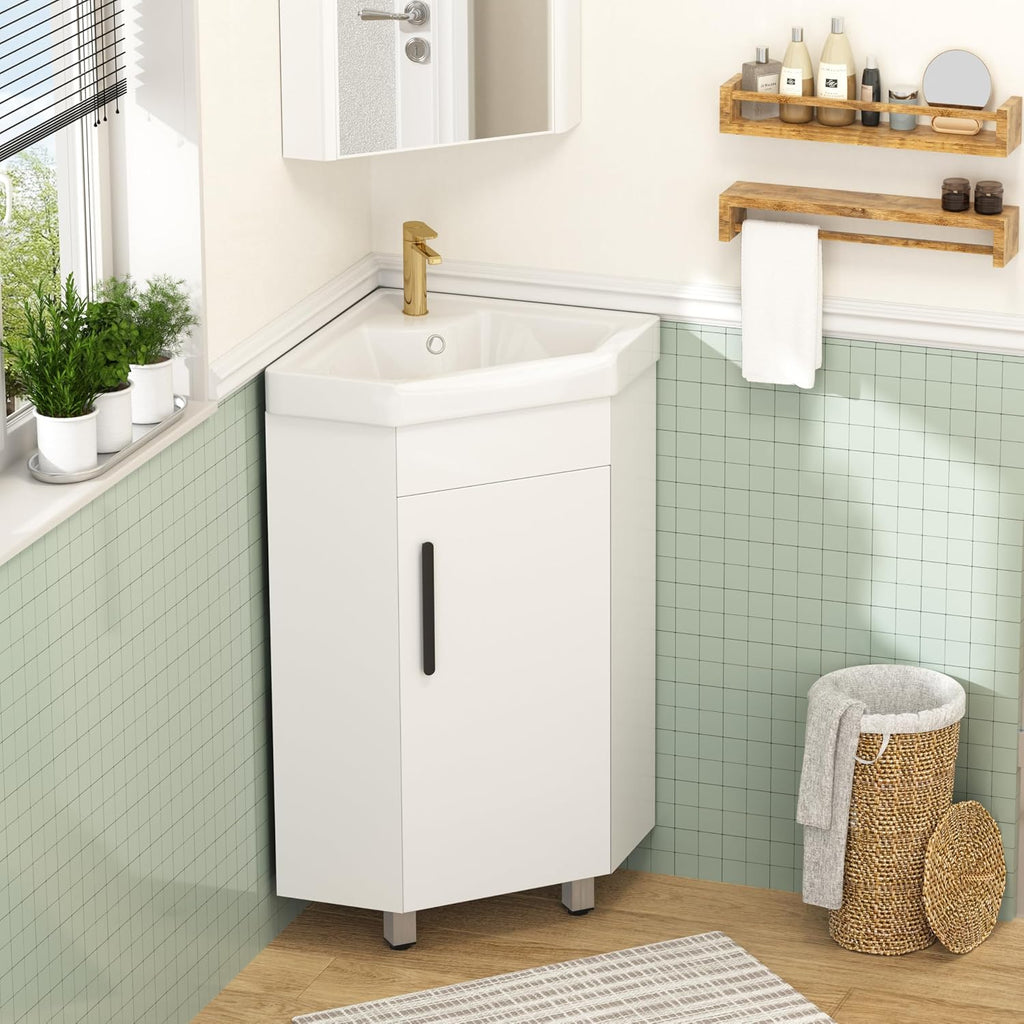 Findepot 24' Corner Bathroom Vanity Sink Combo for Small Space Freestanding Compact Space Bathroom Storage Cabinet with White Ceramic Sink, Adjustable Shelf and Black Handle, White