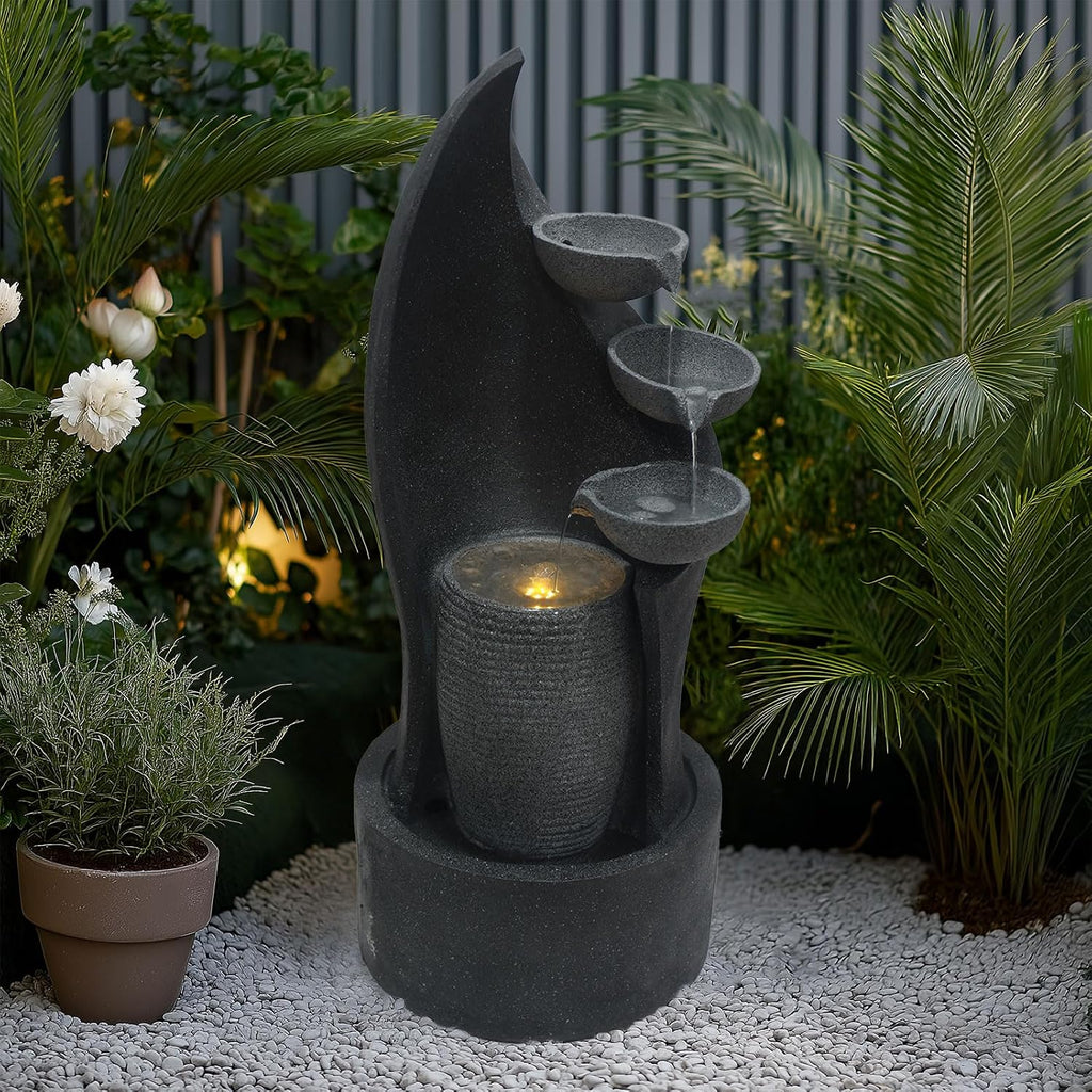 G-LEAF Cascading Bowl Water Fountain with LED Lights Outdoor 35'' H Waterfall Fountain 3-Tier Indoor Floor Standing for Garden, Living Room, Patio, Home Decor
