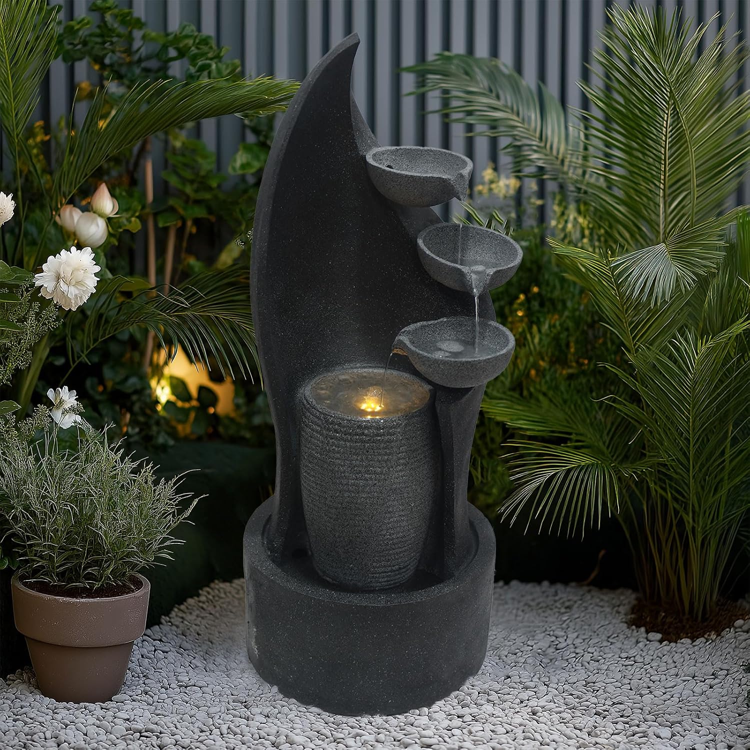 G-LEAF Cascading Bowl Water Fountain with LED Lights Outdoor 35'' H Waterfall Fountain 3-Tier Indoor Floor Standing for Garden, Living Room, Patio, Home Decor