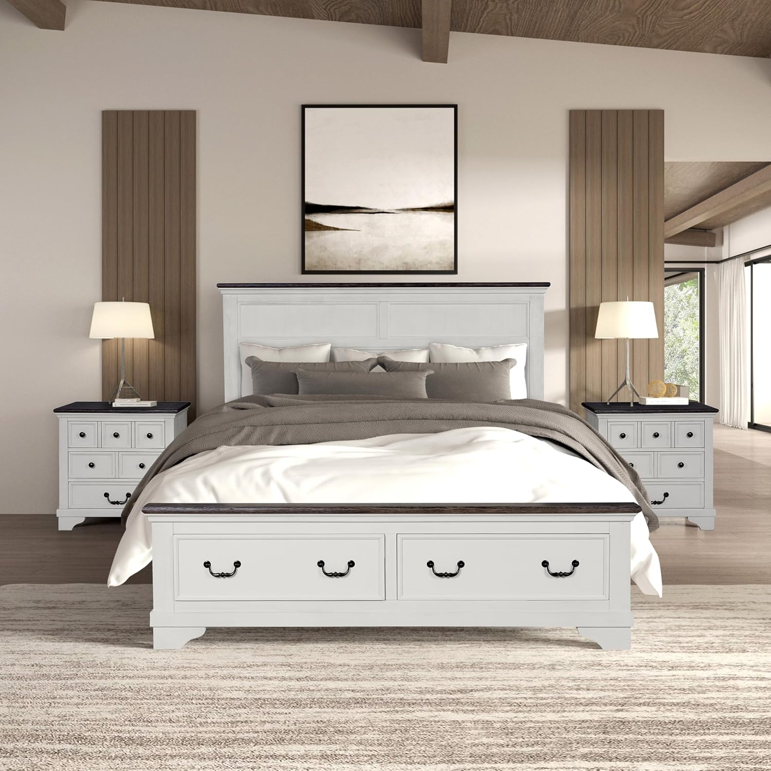 Furniture of America Roden Modern Solid Wood 3-Piece Bedroom Set with Storage Footboard, USB Chargers on Nightstand, Drop Handle Pulls, No Box Spring Needed, King, White