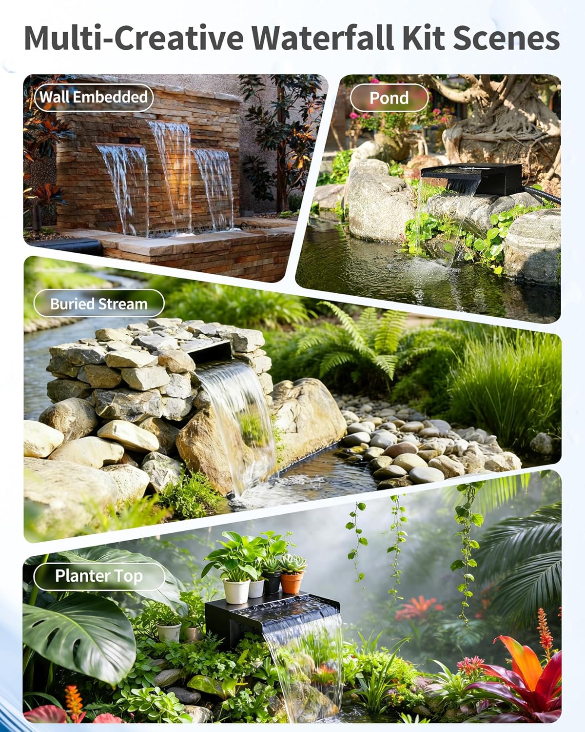POPOSOAP 55W Solar Pond Waterfall Spillway with Fountain Pump, 304 Stainless Steel Pond Spillway & Filtration System with 9.8FT Tubing for Garden Ponds Landscape Water Features-P5552Y