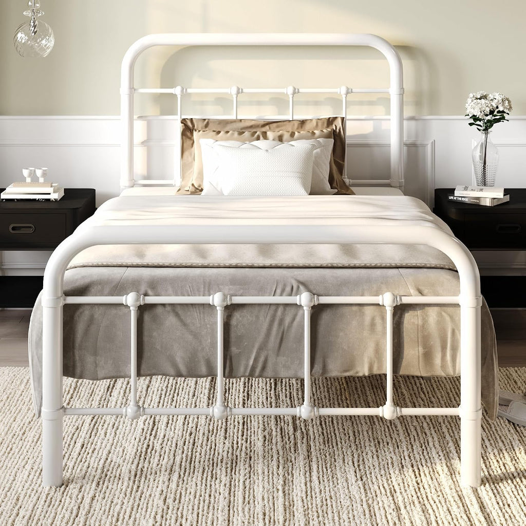SHA CERLIN Twin Size Metal Platform Bed Frame with Vintage Style Headboard and Footboard, Heavy Duty Mattress Foundation, No Box Spring Needed, Easy Assembly, White