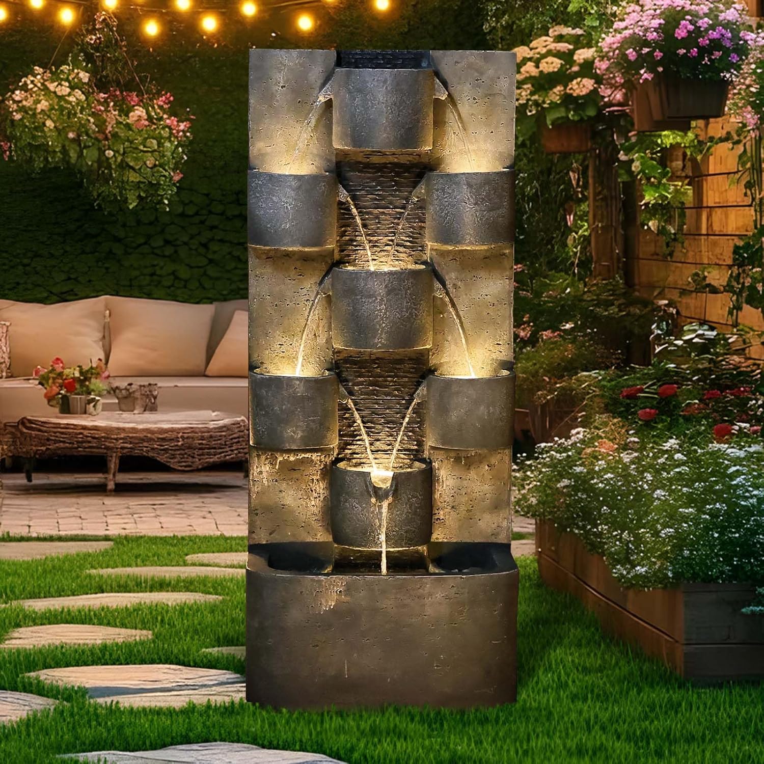 Bumilgar 44.8' H Modern Outdoor Water Fountain with LED Lights and Pump, Mutiply-Tier Standing Cascading Waterfall - Modern Design for Garden,Patio,Yard, Multi-Level Outdoor Decor (Gray)