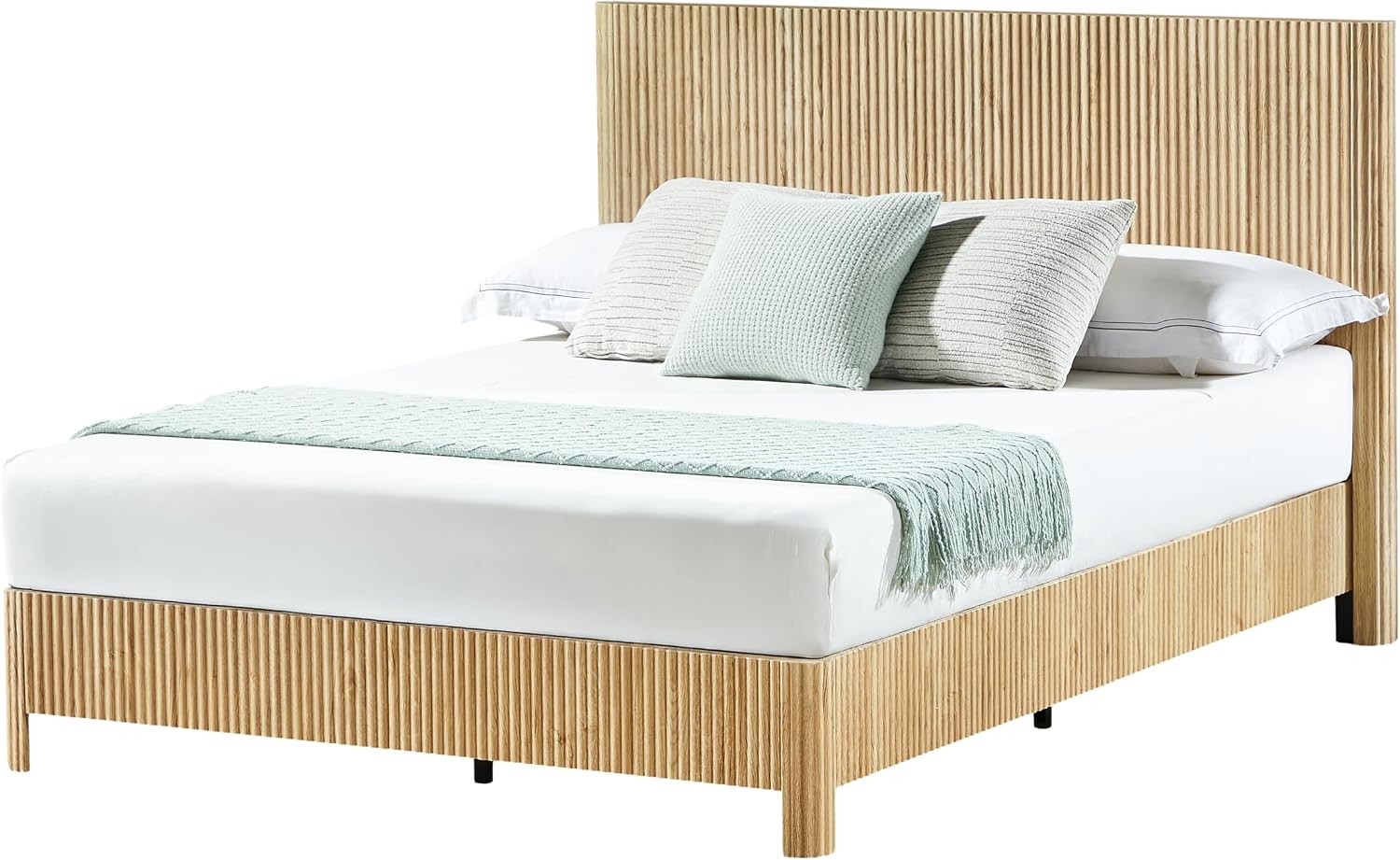 Queen Size Wood Bed Frame with Headboard, Modern Retro Oak Platform Beds Frames, Mid Century Rustic Wooden Bedroom Floor-BedFrame, No Box Spring Needed, Easy Assembly (Oak, Queen, Metal Base)
