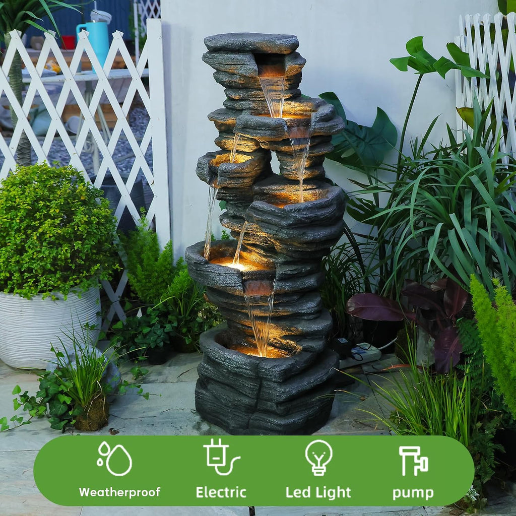 Bumilgar 42.5' H Garden Outdoor Water Fountain with LED Lights & Pump, Mutiply-Tier Cascading Outdoor Fountain for Garden,Patio,Porch,Backyard,Home Art Decor