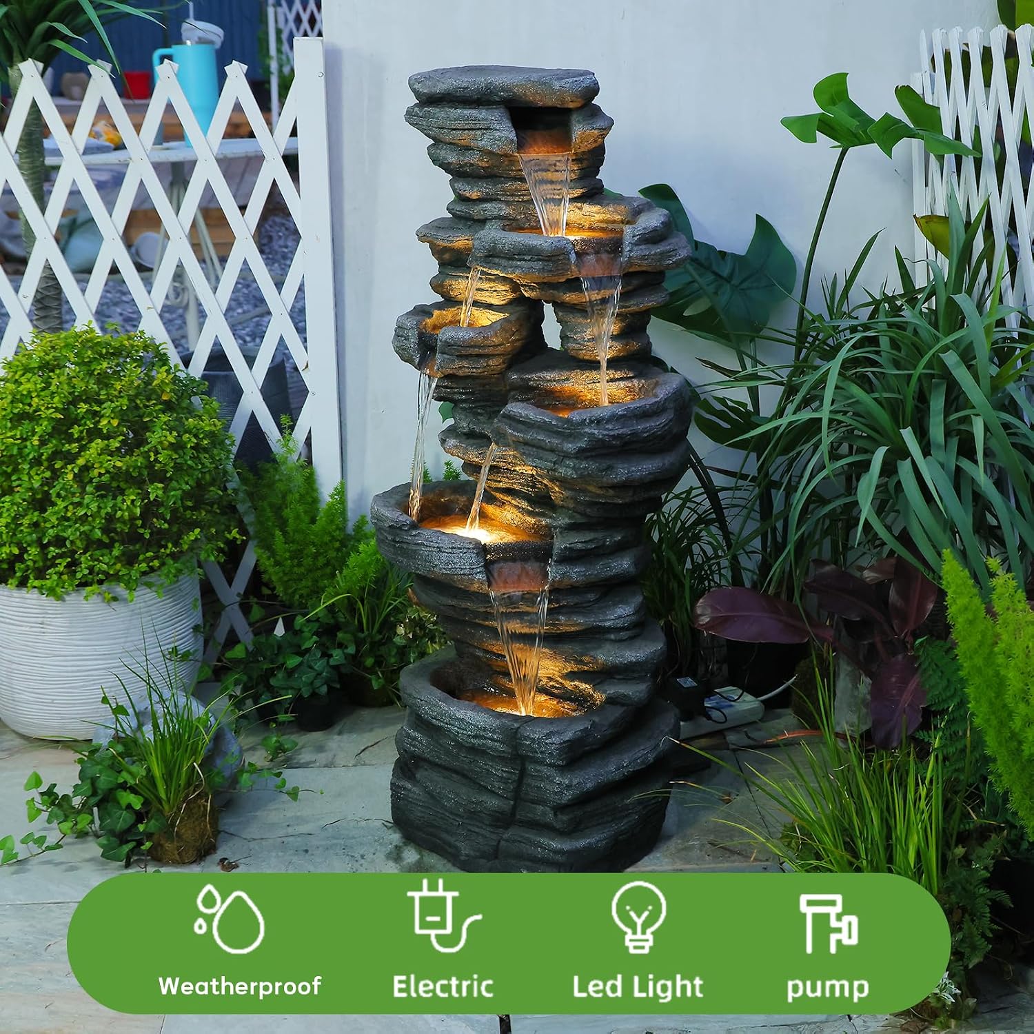 Bumilgar 42.5' H Garden Outdoor Water Fountain with LED Lights & Pump, Mutiply-Tier Cascading Outdoor Fountain for Garden,Patio,Porch,Backyard,Home Art Decor