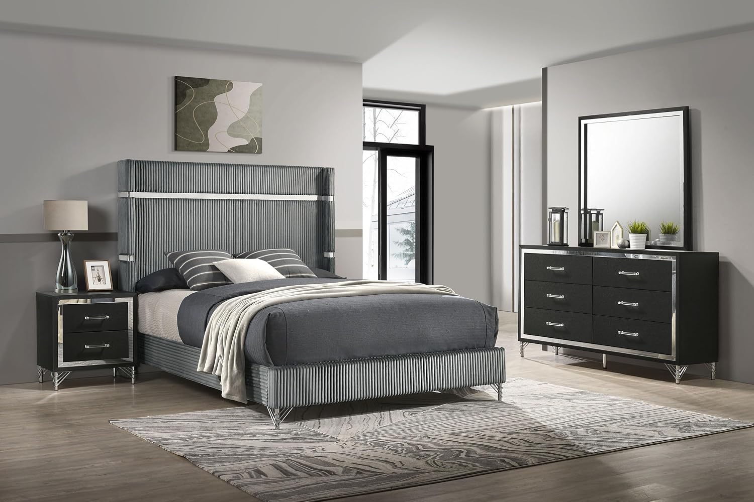 Coaster Home Furnishings Lucia Modern Classic 4-Piece Bedroom Set Velvet Upholstered Eastern King Size Wingback Bed Frame 61-inch Headboard Grey and Black 224991KE-S4