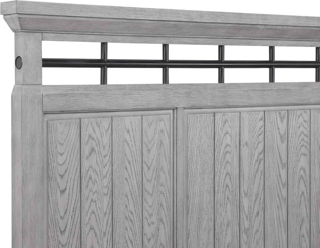 3pc Light Gray Finish King Size Panel Built-in Bench Bed Set Bedroom Solid Wood Furniture