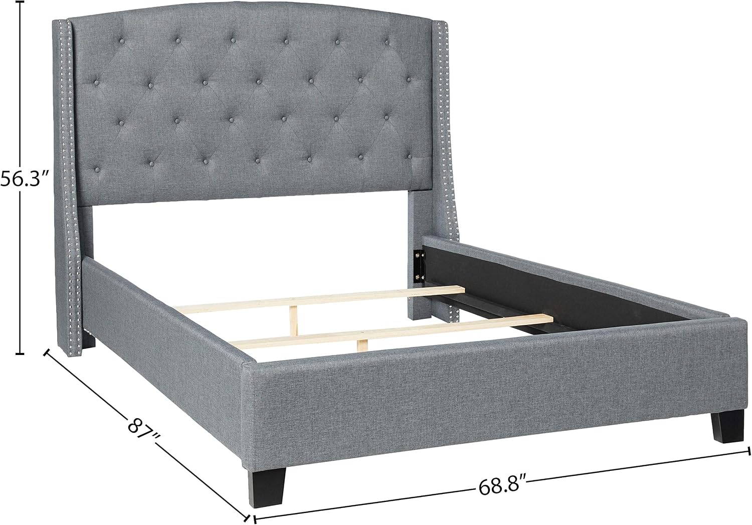 Roundhill Furniture Nantarre Fabric Tufted Wingback Upholstered Bed with Nailhead Trim, Queen, Gray
