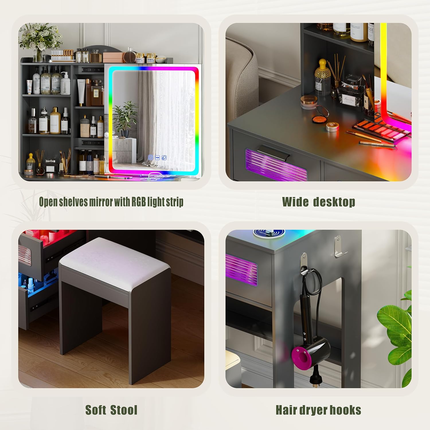 Vanity Desk with Mirror and Adjustable RGB Lights,Large 6 Drawers Makeup Table with Charging Station for Women and Girls, Bedroom or Dorm,Grey