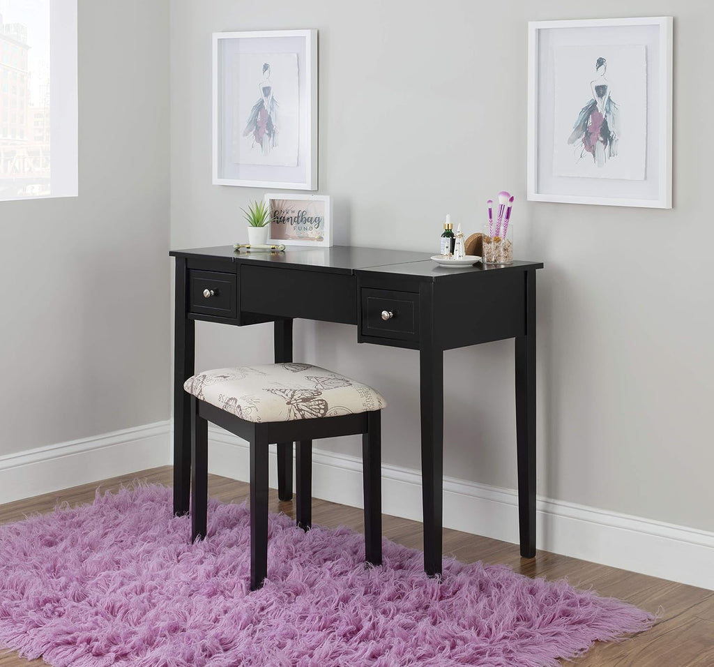 Linon Home Dcor Linon Black Butterfly Stool Vanity Set with Bench, 36'w x 18'd x 30'h,