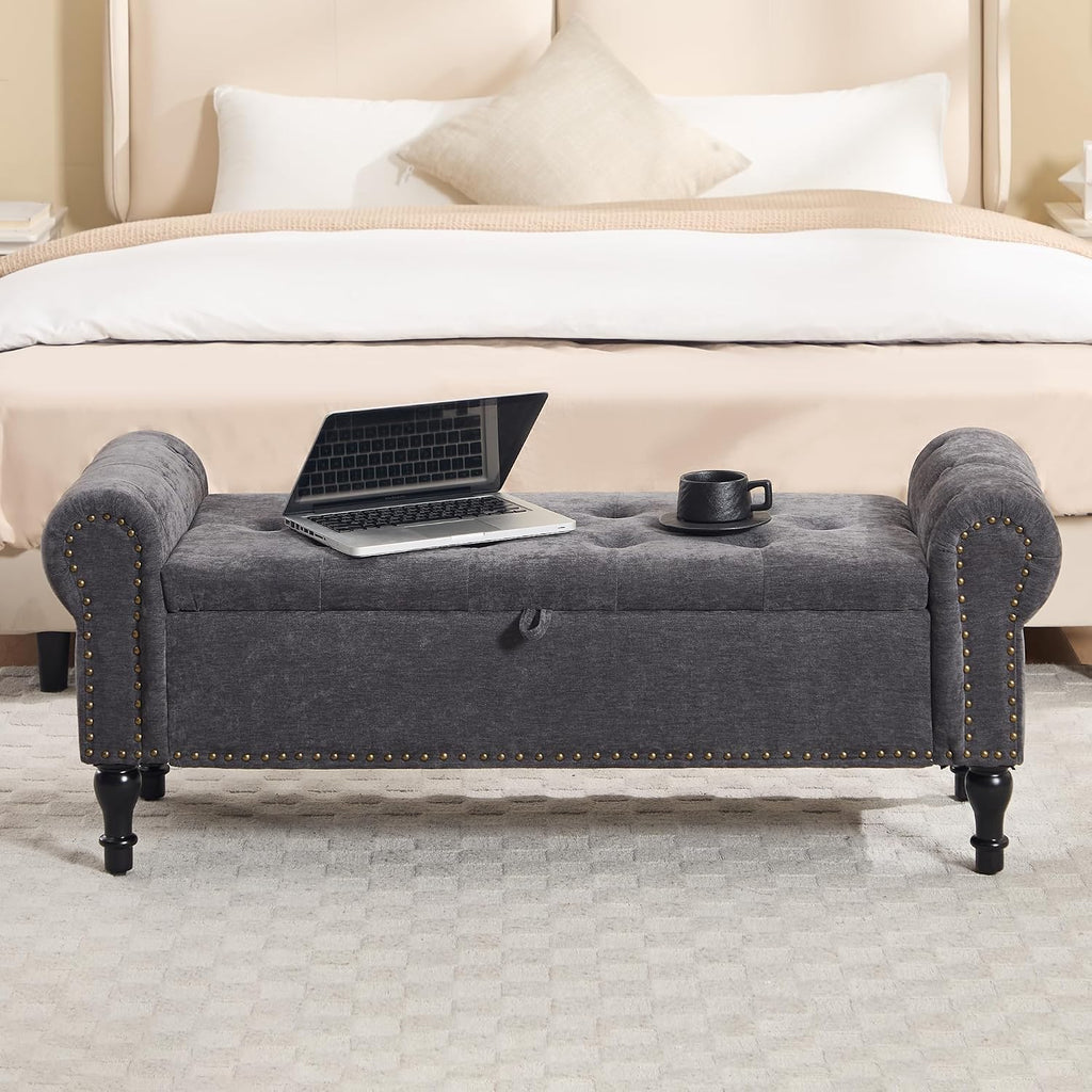 51' Storage Bench for Bedroom, Chenille End of Bed Bench, Queen Size Bench with Rolled Arms, Tufted Storage Ottoman Benches, Upholstered Bench for Bedroom, Living Room, Entryway, Dark Grey