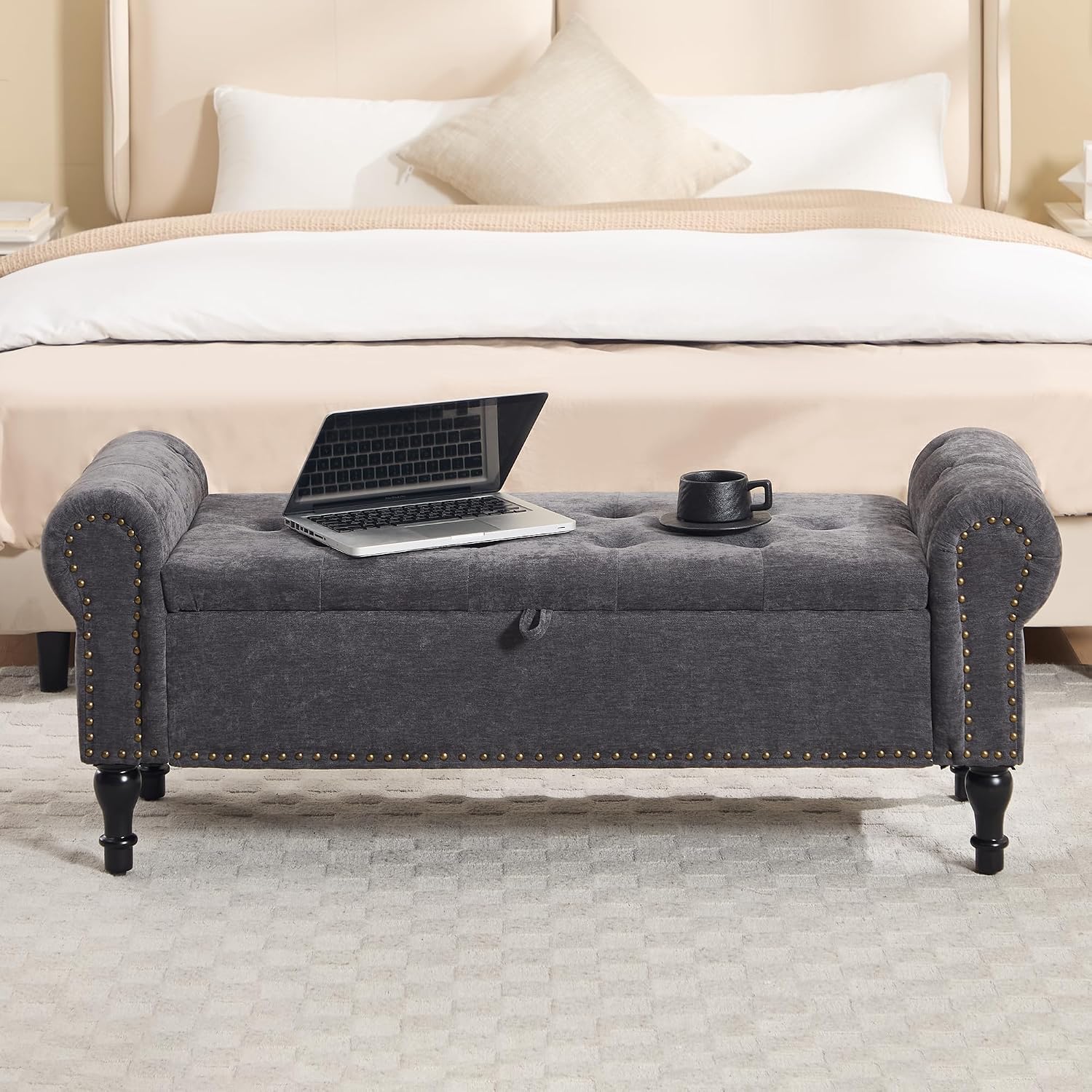 51' Storage Bench for Bedroom, Chenille End of Bed Bench, Queen Size Bench with Rolled Arms, Tufted Storage Ottoman Benches, Upholstered Bench for Bedroom, Living Room, Entryway, Dark Grey
