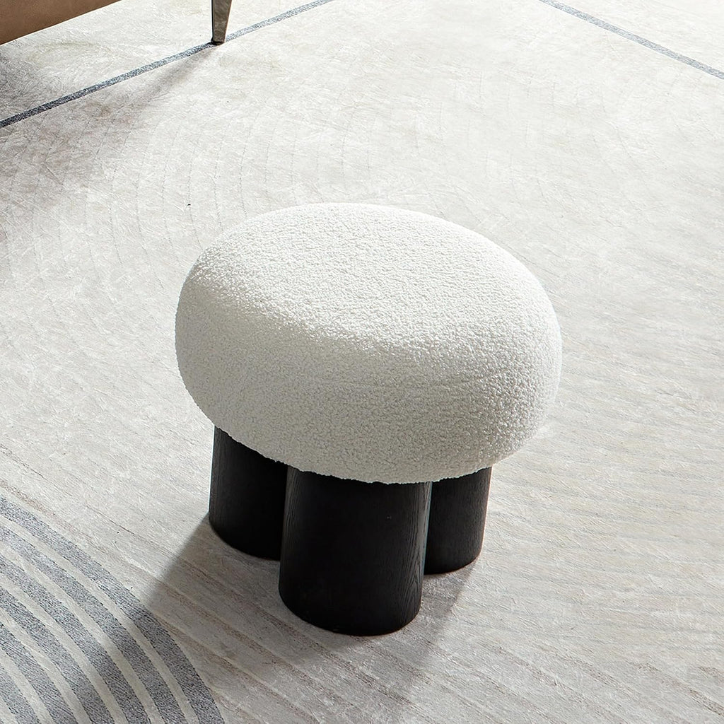 Mushroom Ottoman Stool with Teddy Fabric Round Seat, Three-Leg Wood Grain Base, Plush Foot Rest for Entryway Living Room Bedroom Vanity Makeup Corner Accent Seating Side Table Modern (Black)