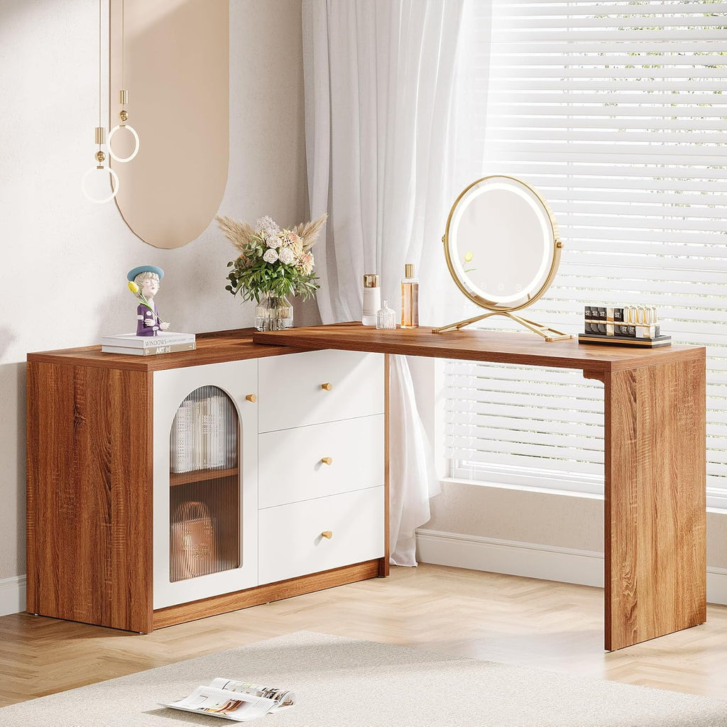 Tribesigns Modern Makeup Vanity, Retractable Large Vanity Desk with 3 Drawers and Cabinet, Makeup Corner Dressing Table for Bedroom, Walnut and White (Without Mirror)