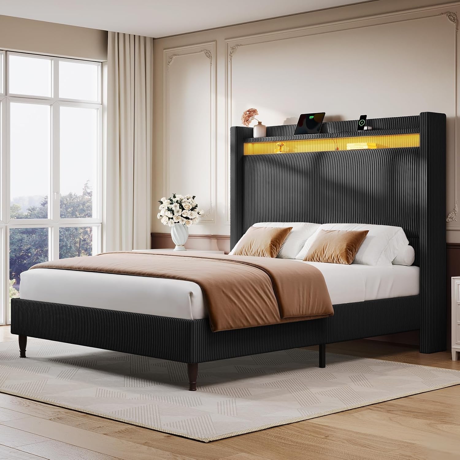 Queen Size Bed Frame with Tall Headboard, 55.3' Upholstered Platform Bed with LED Lights & Charging Station, Elegant Corduroy Bedframe, 2-tier Storage Wingback Headboard, No Box Spring Needed, Black