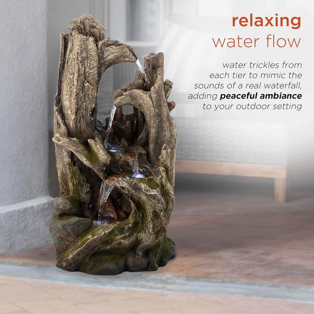 Alpine Corporation 40' Tall 4-Tier Rainforest Tree Trunk Waterfall Fountain with LED Lights, Outdoor Garden, Patio, Yard, and Porch Water Feature Decor