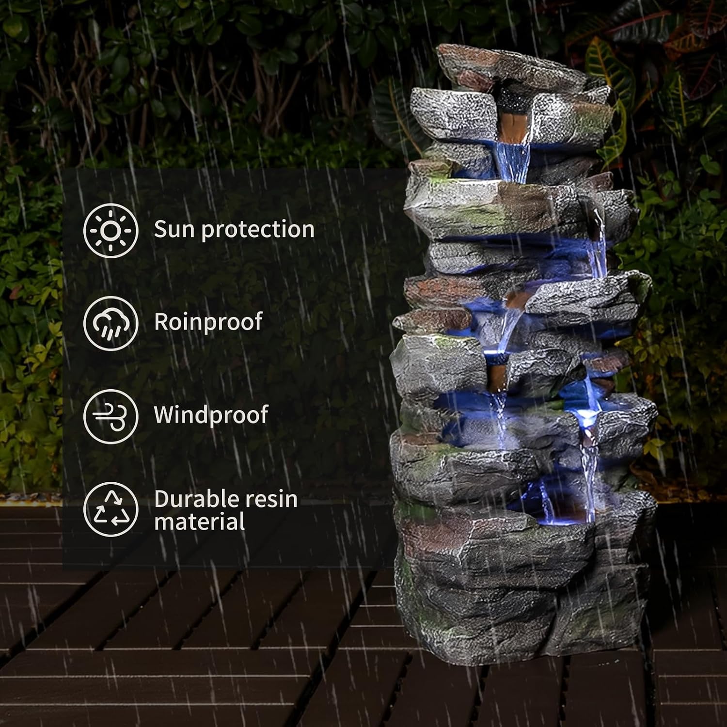 Outdoor Rock Waterfall Fountain with LED Lights, Multi-Tier Stacked Stone Style, Garden Patio Decor