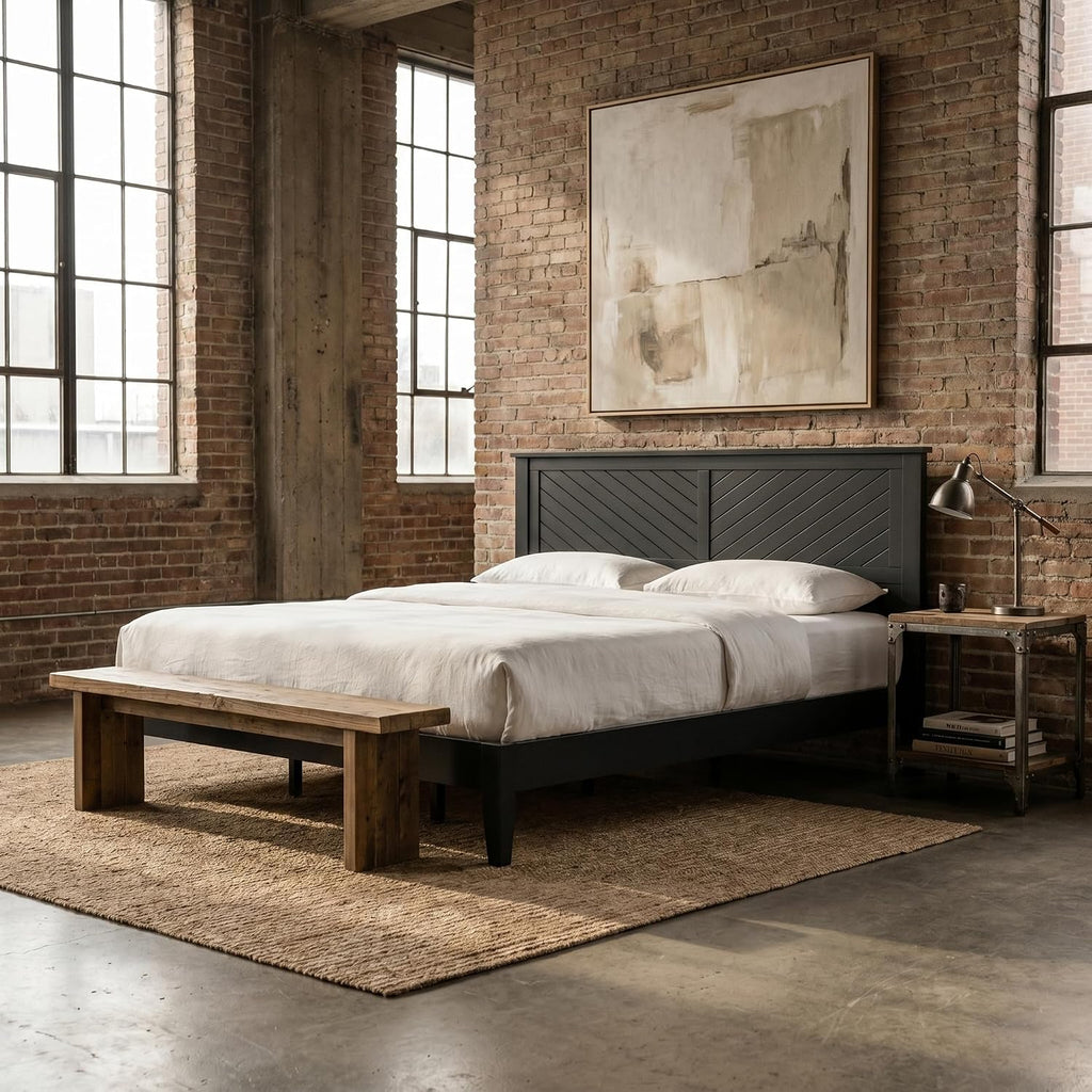 ComfIQ Solid Wood Platform Bed with Wooden Slats – Durable Frame, No Box Spring Required, Ample Underbed Storage, Black, King, Bed and Chevron Headboard