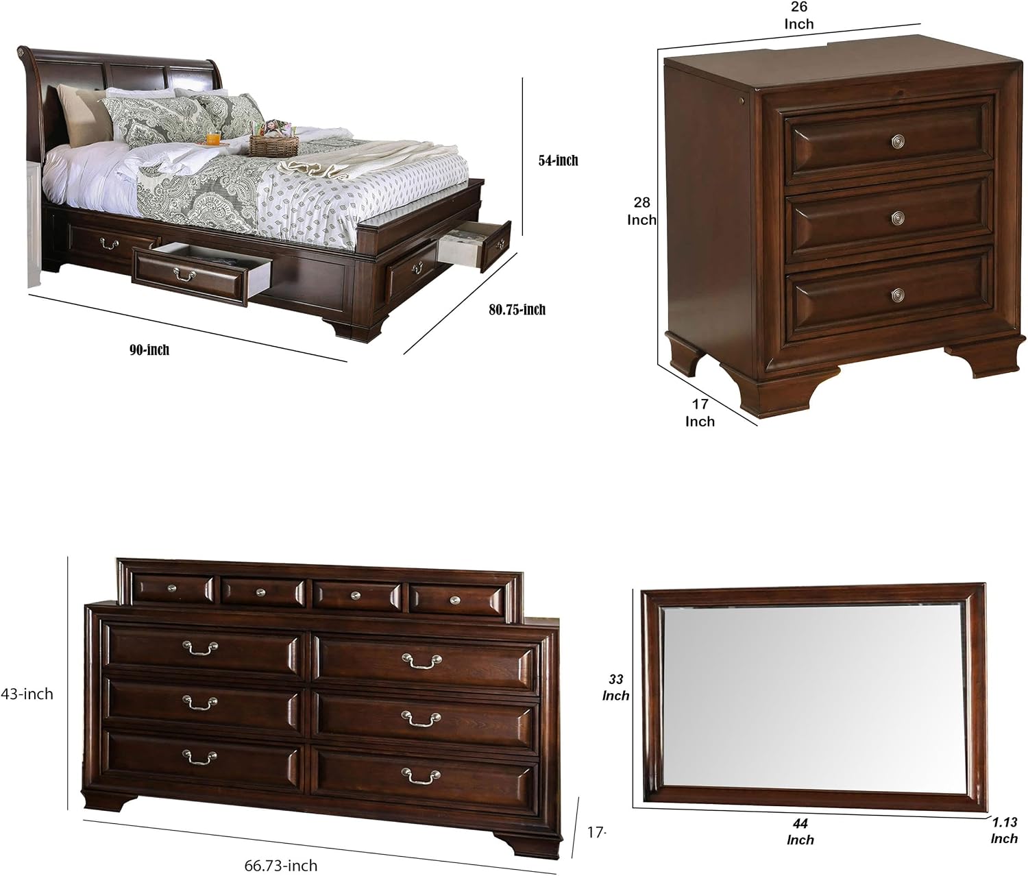 Benjara Lio Four PC King Size Bedroom Set - Cherry Brown Wood Inlay/Silver